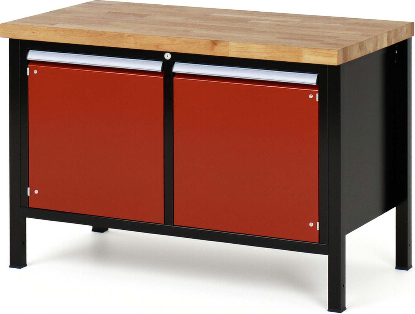 RAU Werkbank schwarz - rot - Breite 125 cm - Tiefe 70 cm - Höhe 104 cm - Buche-Massiv Arbeitsplatte 40 mm