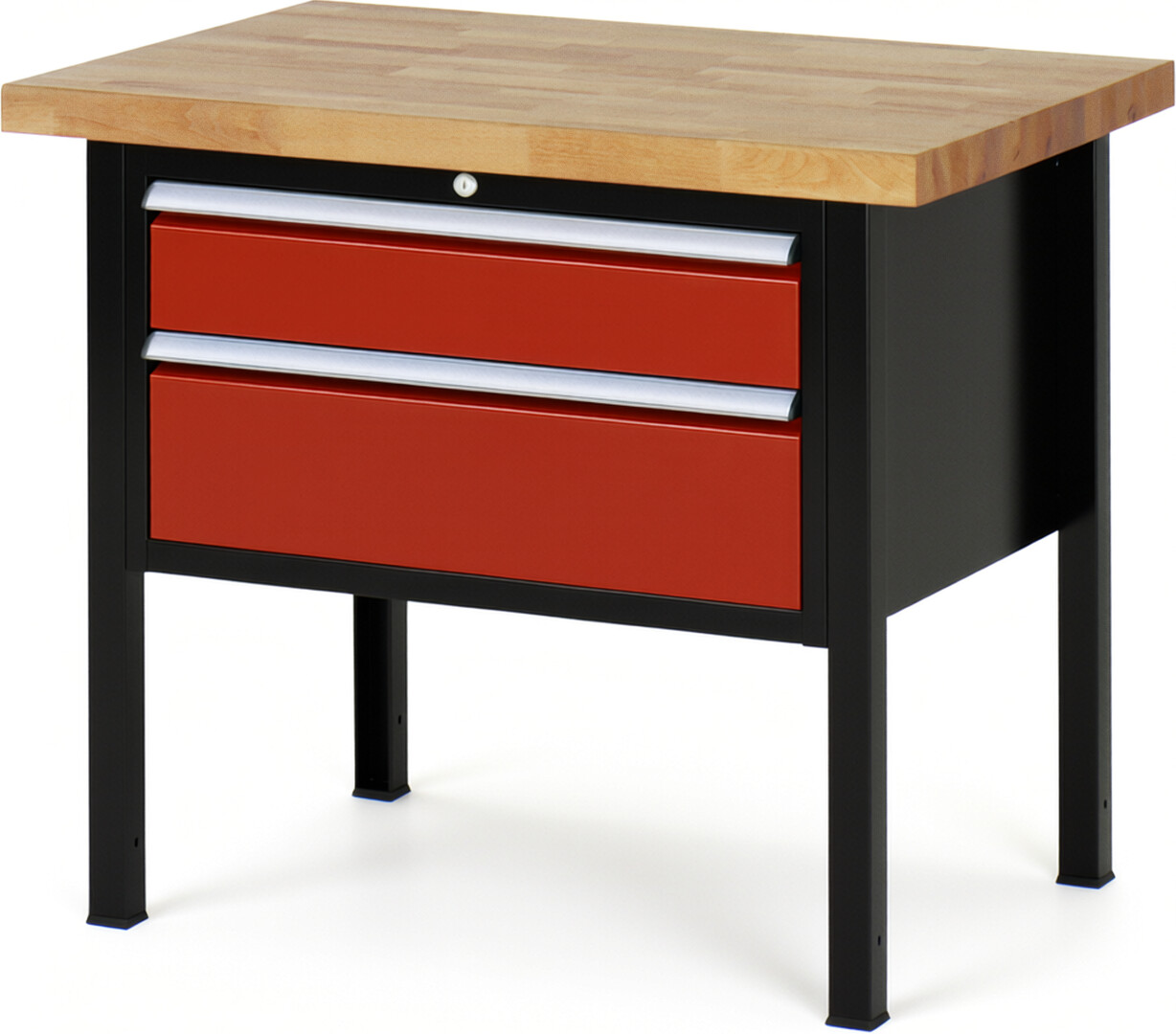 Werkbank Modell 8223 schwarz-rot, BxTxH 1000x700x840-1040 mm,  Buche-Massiv Arbeitsplatte 40 mm,  2 Schubladen mit  Auszug 90 %