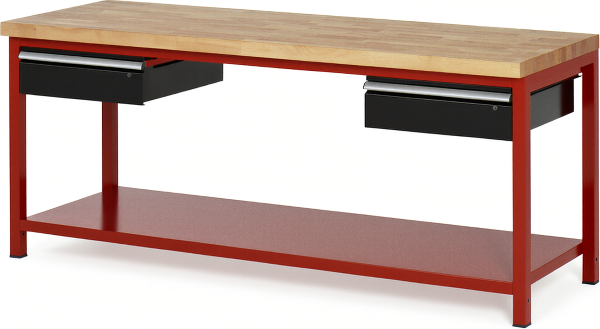 Werkbank Modell 8002 rot - schwarz, BxTxH 2000x700x840 mm,  Buche-Massiv Arbeitsplatte 40 mm,  2 Schubladen mit  Auszug 90 %