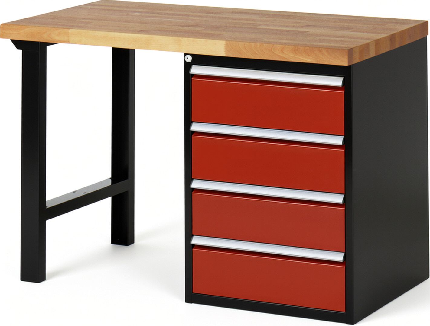 RAU Werkbank schwarz - rot - Breite 125 cm - Tiefe 70 cm - Höhe 84 cm - Buche-Massiv Arbeitsplatte 40 mm