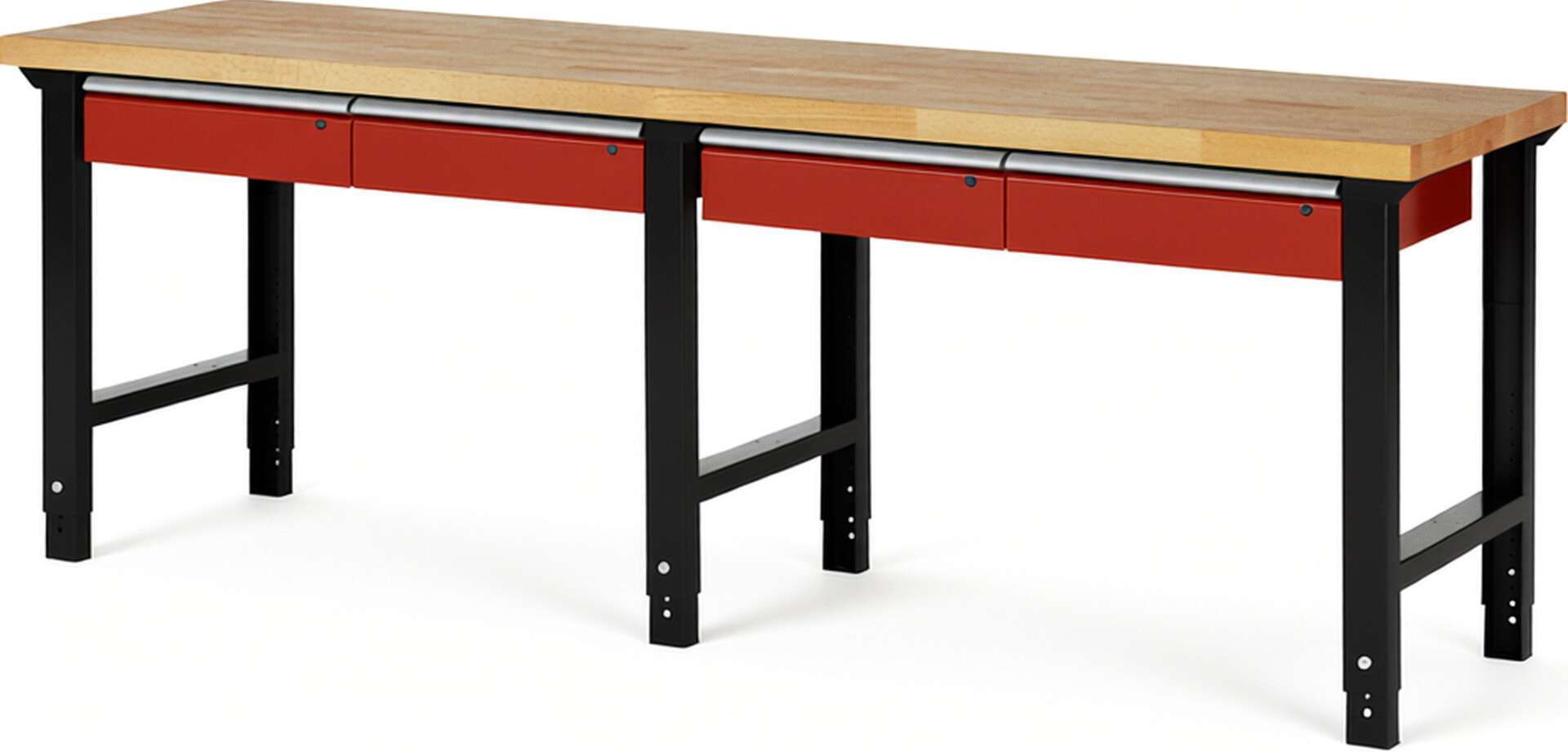 RAU Werkbank schwarz - rot - Breite 250 cm - Tiefe 70 cm - Höhe 114 cm - Buche-Massiv Arbeitsplatte 40 mm