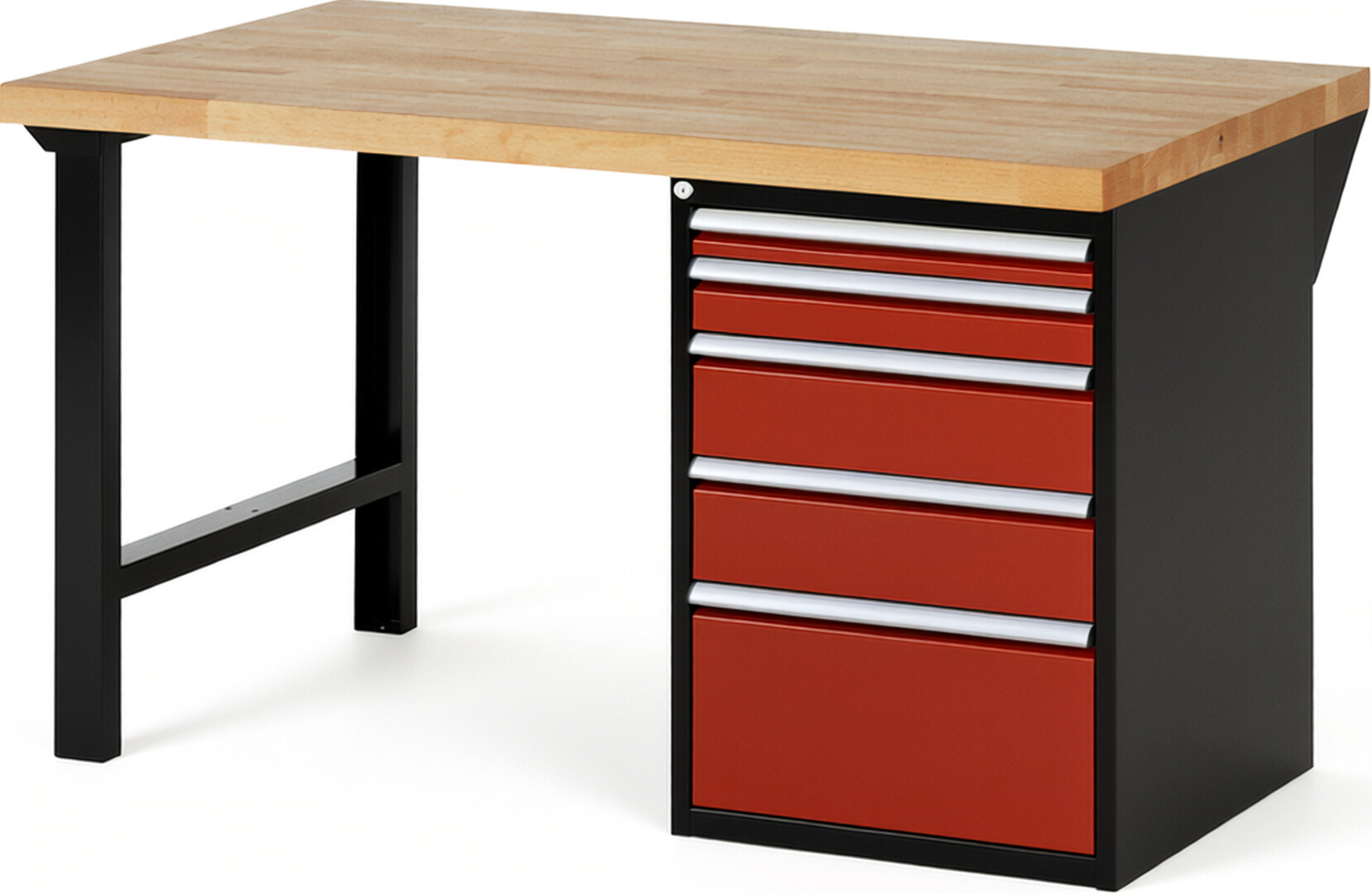 RAU Werkbank schwarz - rot - Breite 150 cm - Tiefe 90 cm - Höhe 84 cm - Buche-Massiv Arbeitsplatte 40 mm