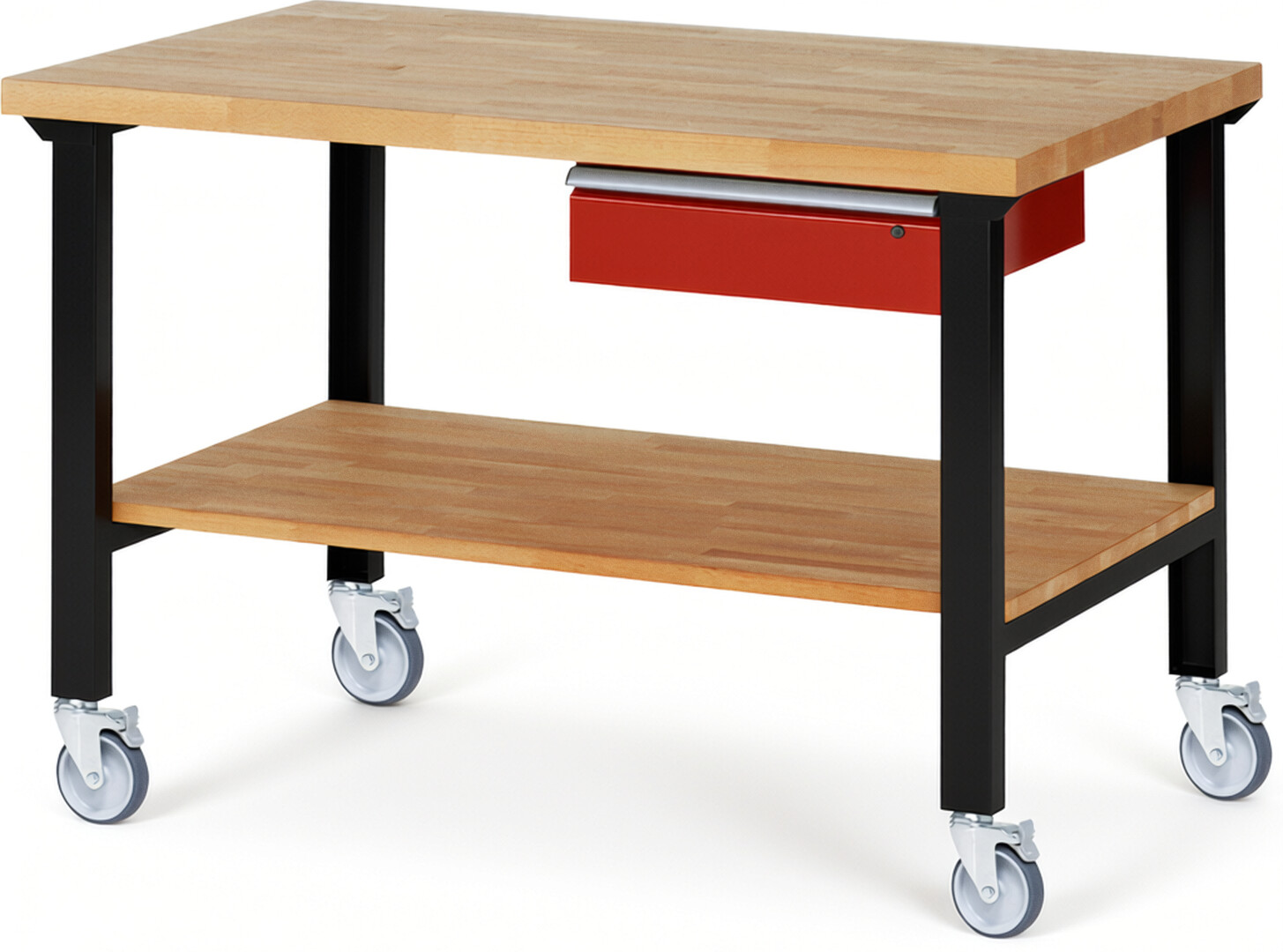 RAU Werkbank schwarz - rot - Breite 150 cm - Tiefe 90 cm - Höhe 100 cm - Buche-Massiv Arbeitsplatte 40 mm