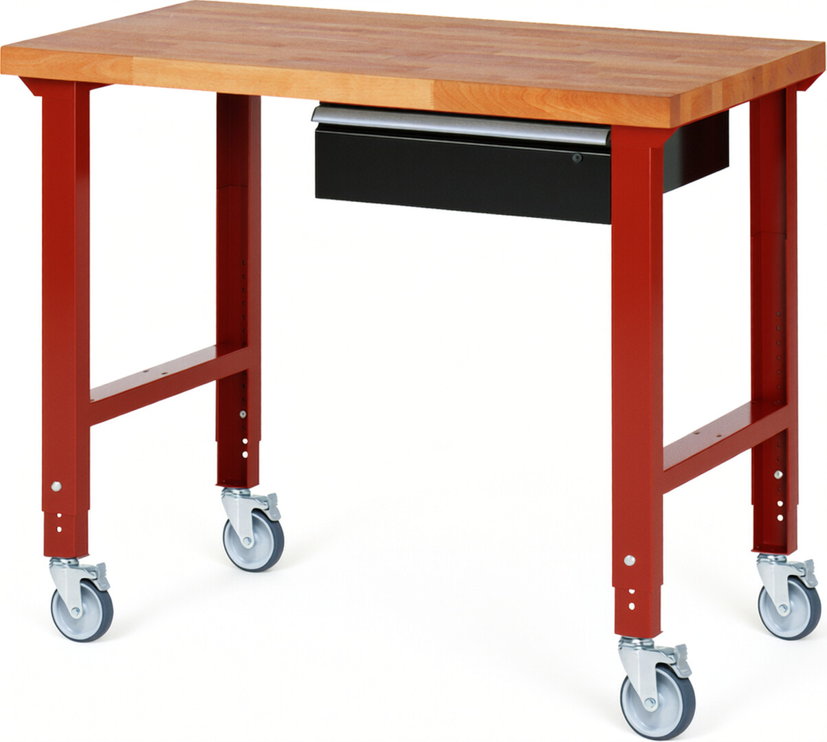 Fahrbare Werkbank Modell 7001 rot - schwarz, BxTxH 1250x700x950-1000 mm,  Buche-Massiv Arbeitsplatte 40 mm,  1 Schublade mit  Auszug 90 %