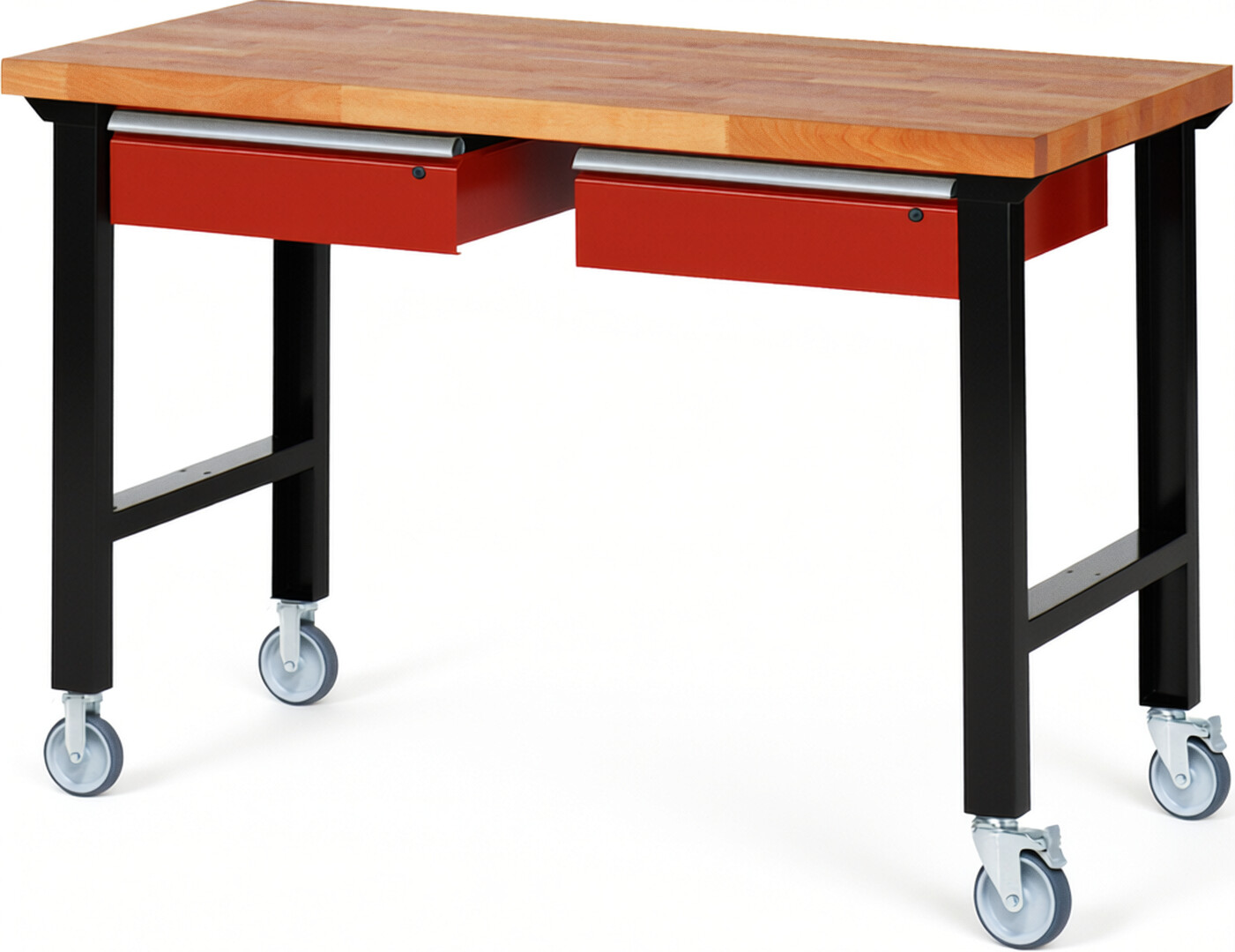 Fahrbare Werkbank Modell 7002 schwarz-rot, BxTxH 1500x700x1000 mm,  Buche-Massiv Arbeitsplatte 40 mm,  2 Schubladen mit  Auszug 90 %