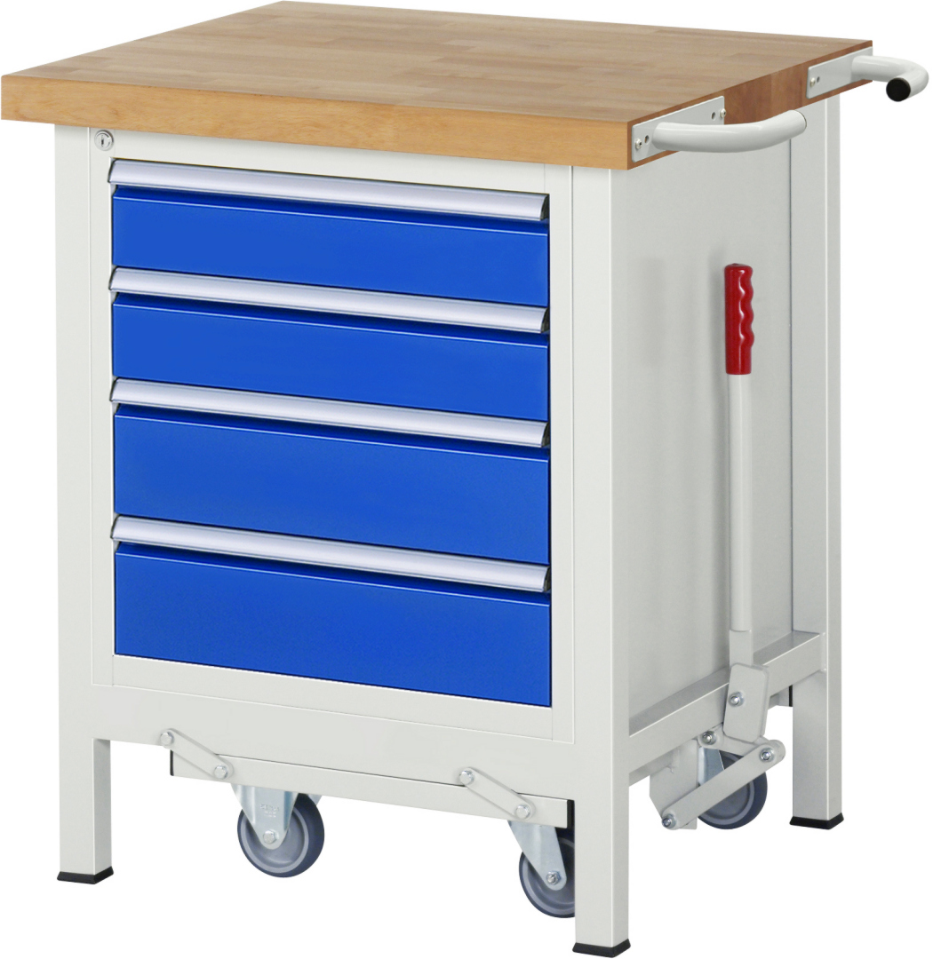 Absenkbare Werkbank Modell 8162 rot - schwarz, BxTxH 750x700x880 mm,  Buche-Massiv Arbeitsplatte 40 mm,  4 Schubladen mit  Auszug 90 %