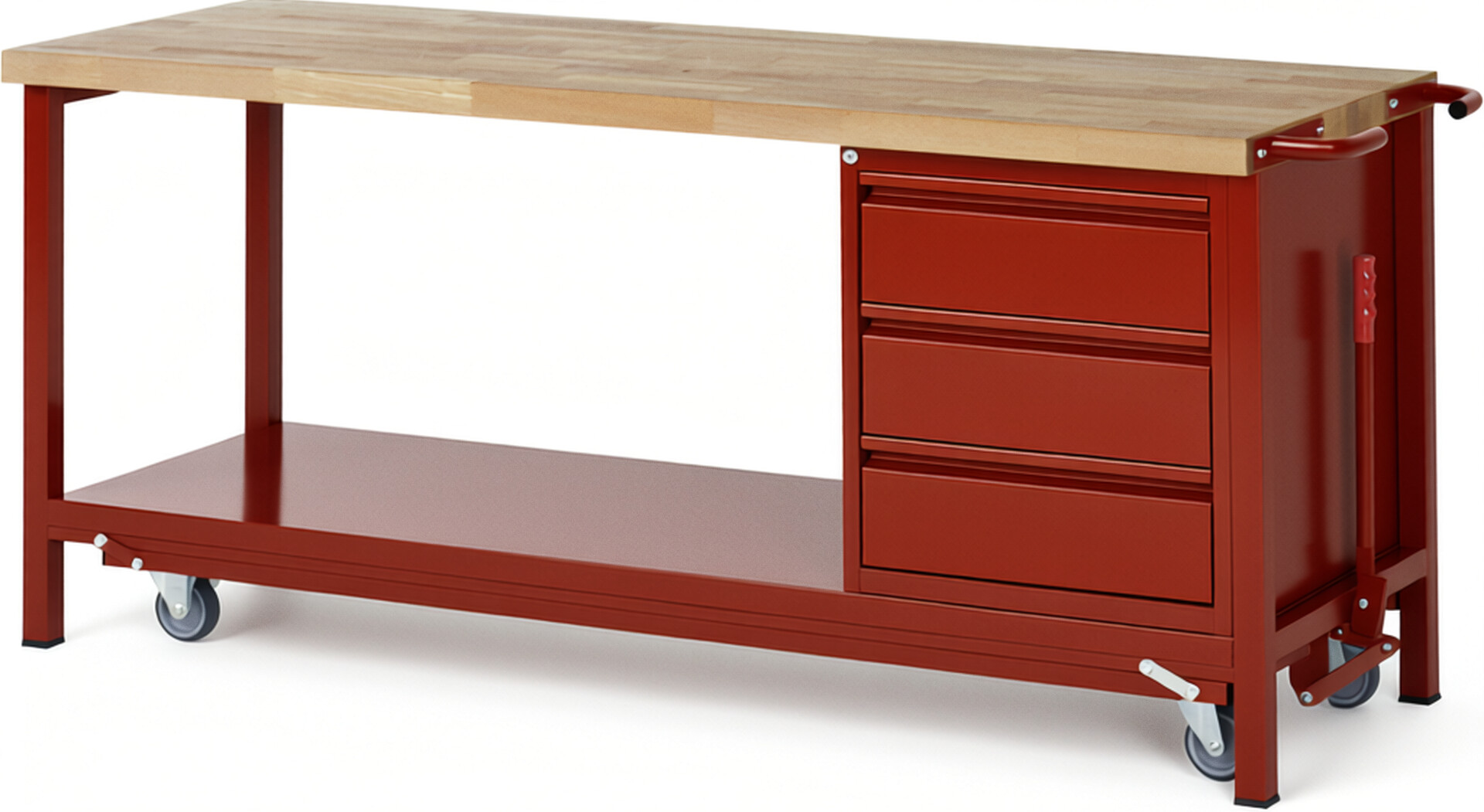 Absenkbare Werkbank - Modell 8157 BASIC rot, BxTxH 2000x700x880 mm,  Buche-Massiv Arbeitsplatte 40 mm,  3 Schubladen mit  Auszug 90 %