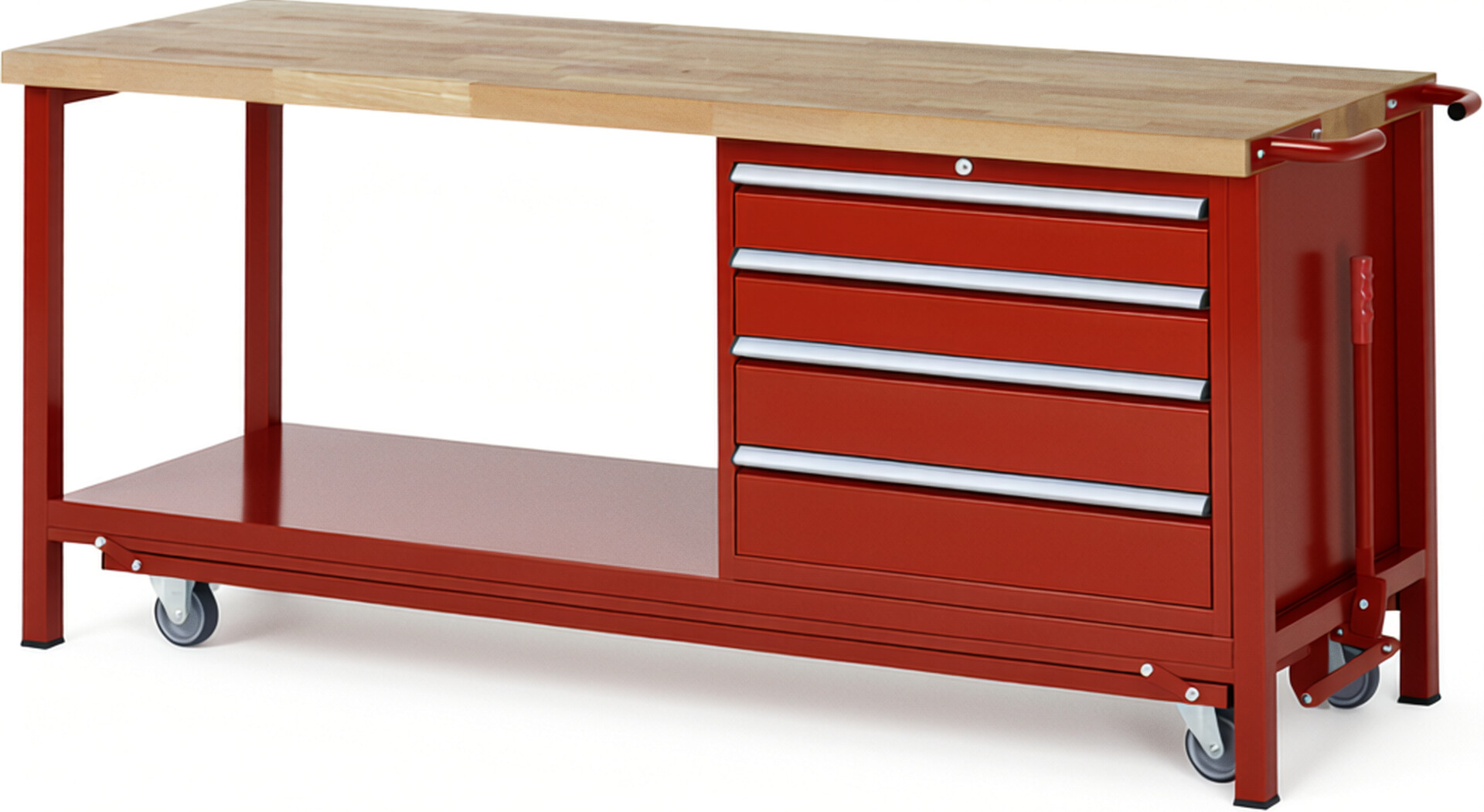 Absenkbare Werkbank Modell 8262 rot, BxTxH 2000x700x880 mm,  Buche-Massiv Arbeitsplatte 40 mm,  4 Schubladen mit  Vollauszug 100 % und  SoftClosing