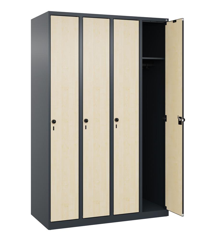 Garderobenschrank, bodenstehend, 4 Abt., Abt.B 300 mm, BxTxH 1200x500x1850 mm, HPL-Dekorfront, RAL 7016/Dekor Ahorn
