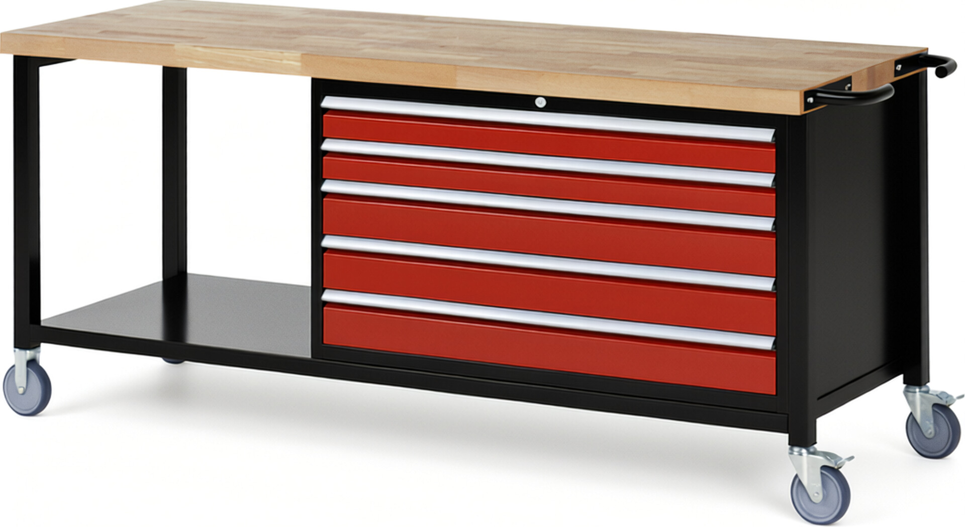 RAU Werkbank schwarz - rot - Breite 200 cm - Tiefe 70 cm - Höhe 108 cm - Buche-Massiv Arbeitsplatte 40 mm