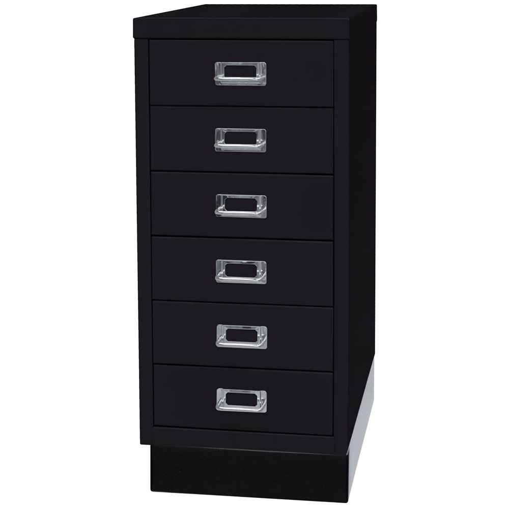 Schubladenschrank aus Stahl, BxTxH 279x380x670 mm, 6 Schubladen 87 mm, DIN A4, Sockel 80 mm hoch, schwarz