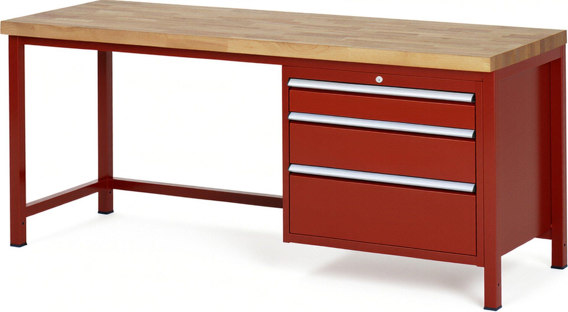Werkbank Modell 8259 rot, BxTxH 2000x700x840-1040 mm,  Buche-Massiv Arbeitsplatte 40 mm,  3 Schubladen mit  Vollauszug 100 % und  SoftClosing