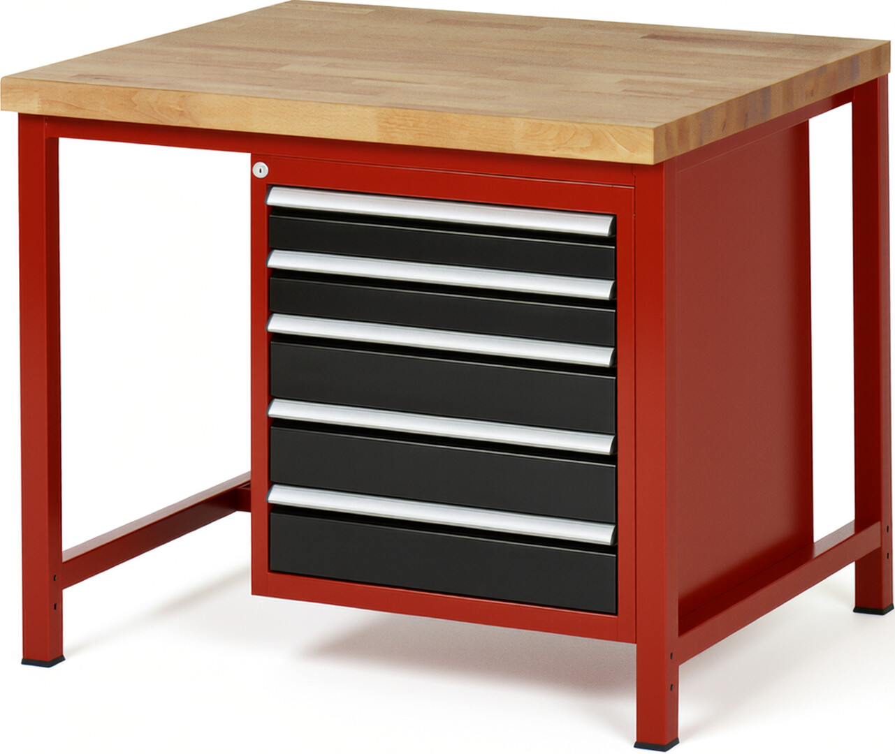 Werkbank Modell 8171 rot - schwarz, BxTxH 1000x900x840 mm,  Buche-Massiv Arbeitsplatte 40 mm,  5 Schubladen mit  Vollauszug 100 % und  SoftClosing