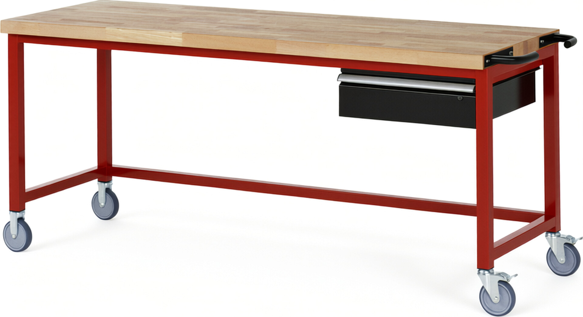 Fahrbare Werkbank Modell 8001 rot - schwarz, BxTxH 2000x700x880-1080 mm,  Buche-Massiv Arbeitsplatte 40 mm,  1 Schublade mit  Auszug 90 %