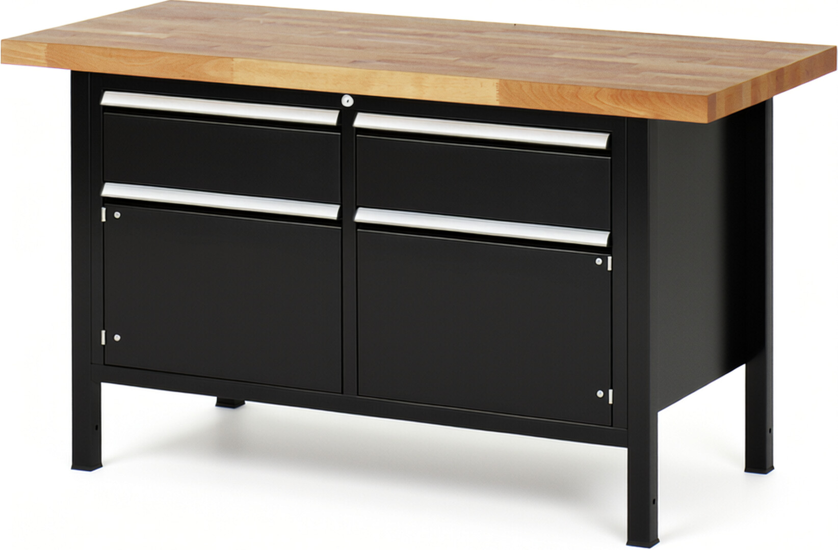 Werkbank Modell 8466 schwarz, BxTxH 1500x700x840-1040 mm,  Buche-Massiv Arbeitsplatte 40 mm,  2 Schubladen mit  Vollauszug 100 % und  SoftClosing