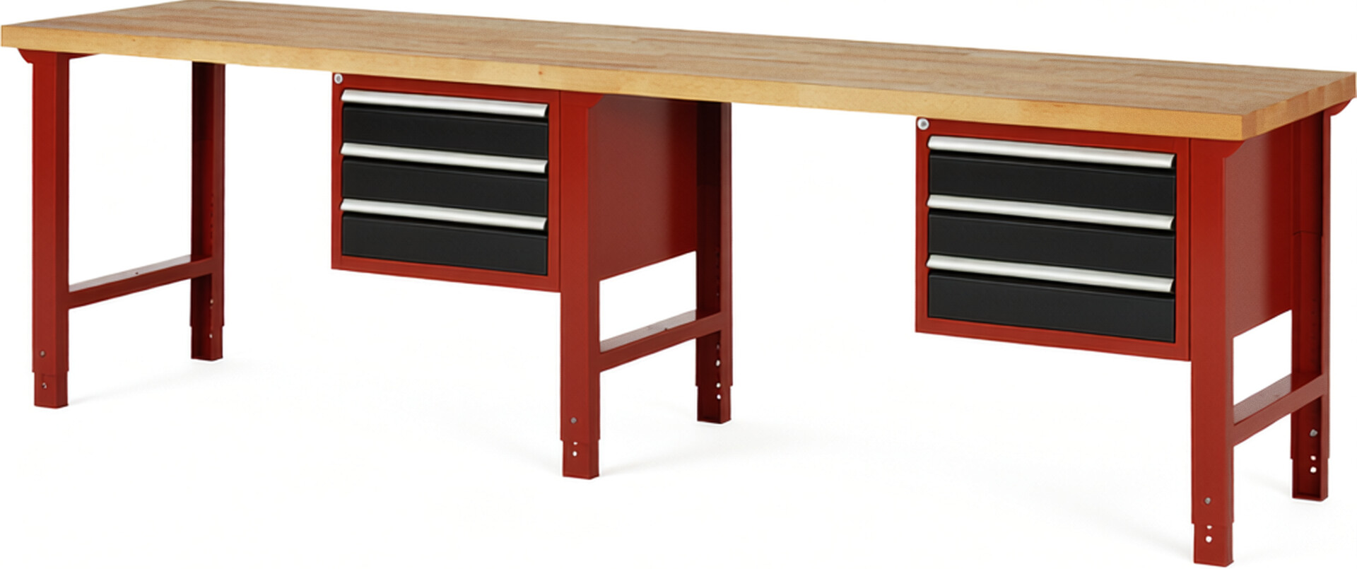 Werkbank Modell 7127 rot - schwarz, BxTxH 3000x700x790-1140 mm,  Buche-Massiv Arbeitsplatte 40 mm,  6 Schubladen mit  Vollauszug 100 % und  SoftClosing