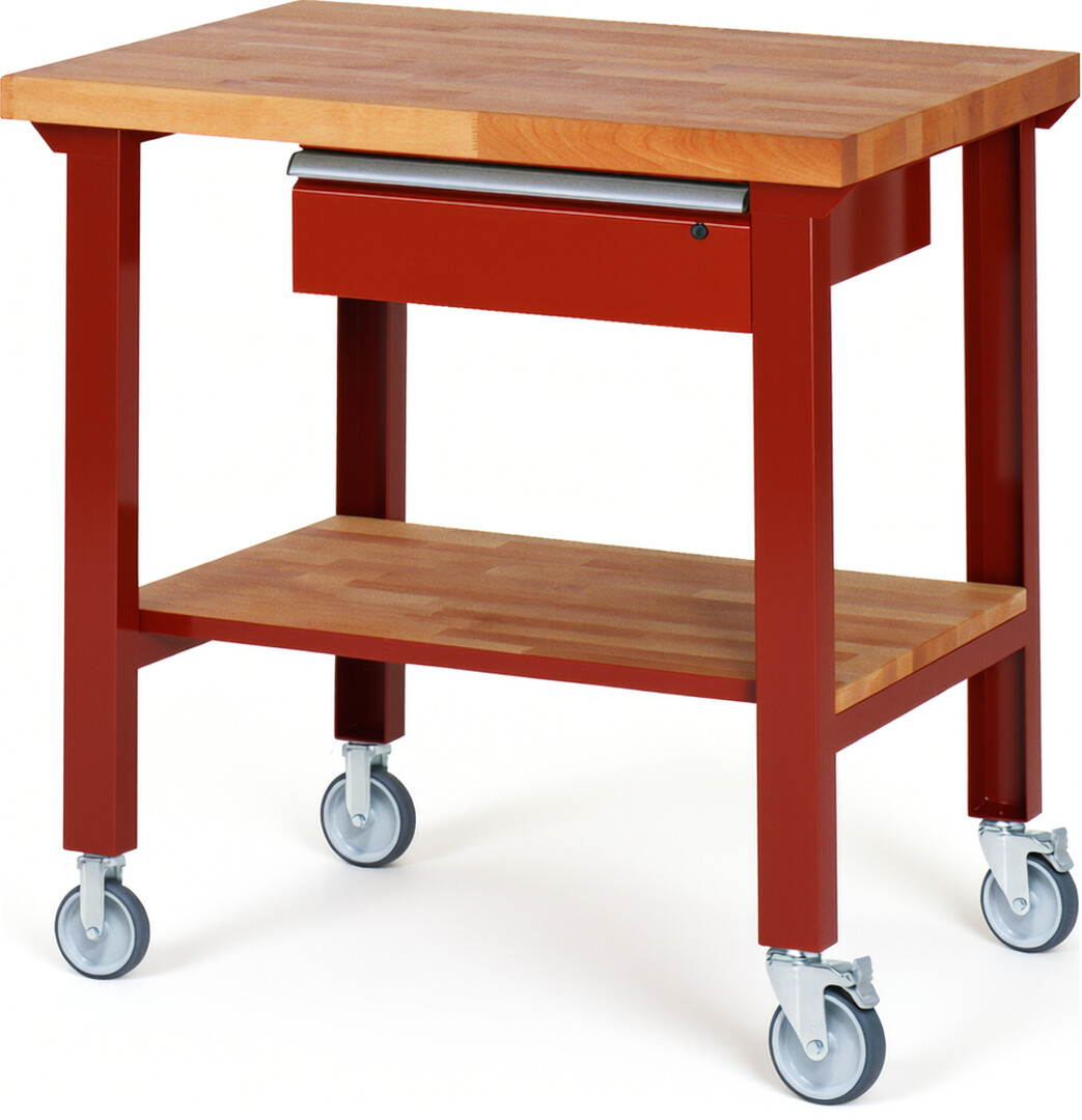 Fahrbare Werkbank Modell 7001 rot, BxTxH 1000x700x1000 mm,  Buche-Massiv Arbeitsplatte 40 mm,  1 Schublade mit  Auszug 90 %
