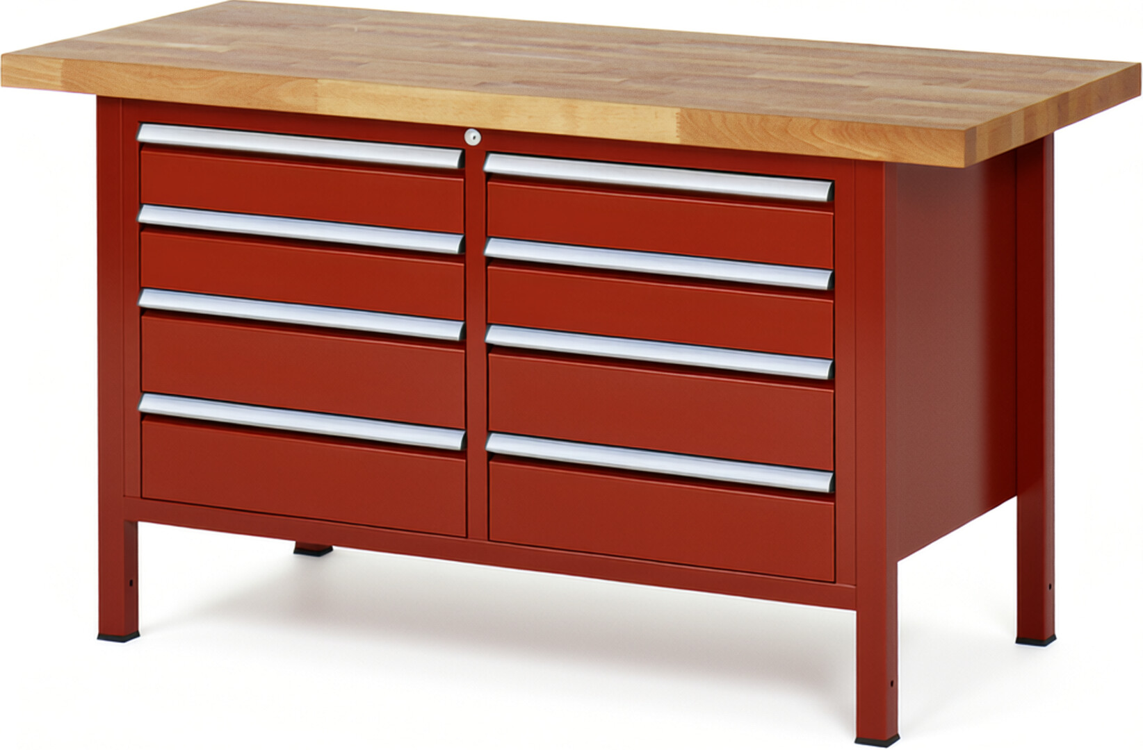 Werkbank Modell 8477 rot, BxTxH 1500x700x840-1040 mm,  Buche-Massiv Arbeitsplatte 40 mm,  8 Schubladen mit  Auszug 90 %