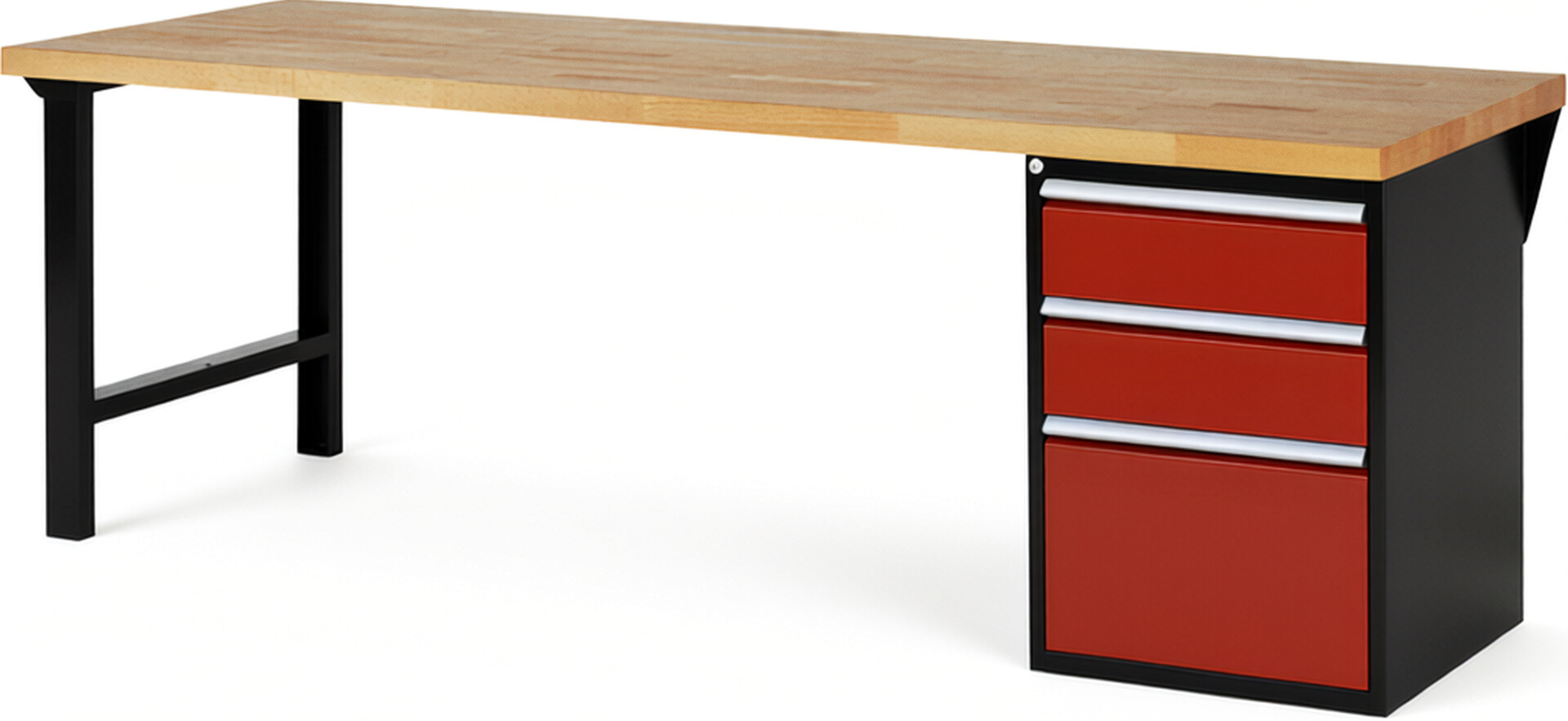 RAU Werkbank schwarz - rot - Breite 250 cm - Tiefe 90 cm - Höhe 89 cm - Buche-Massiv Arbeitsplatte 40 mm