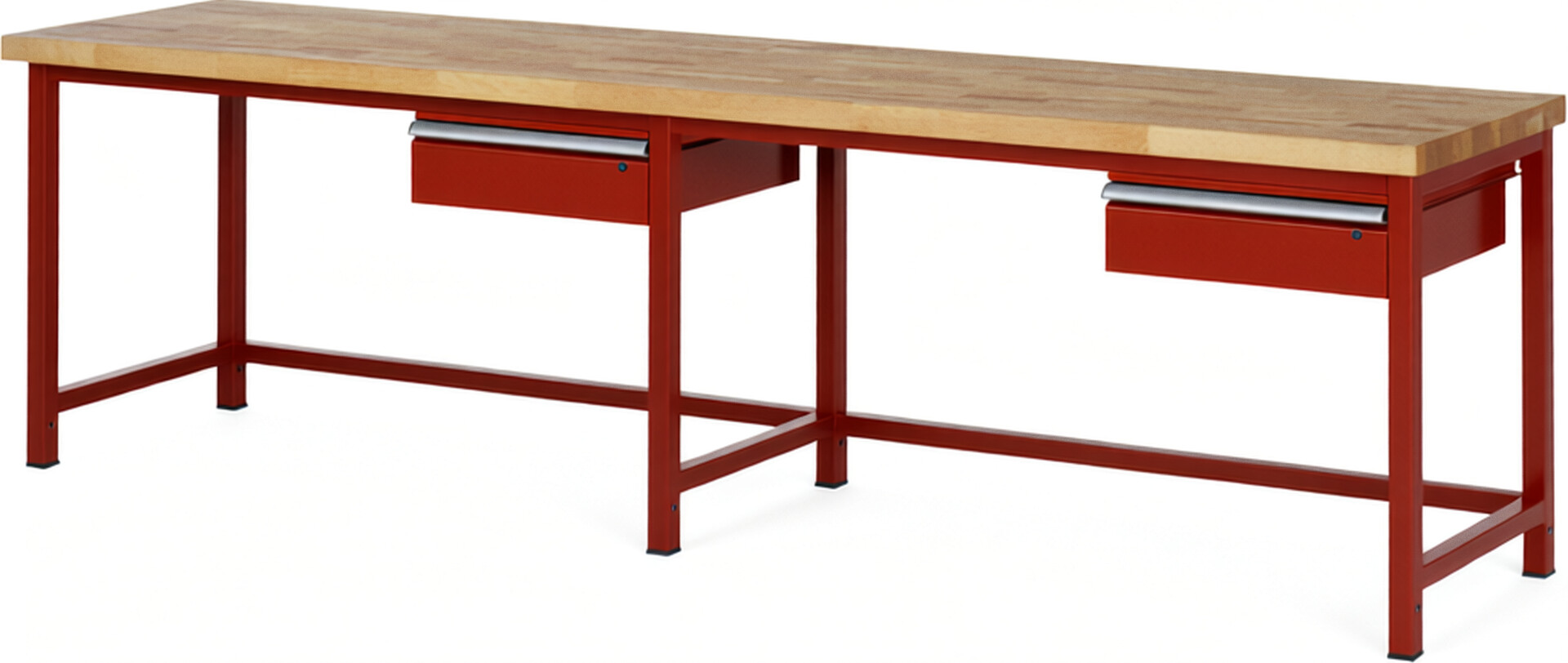 Werkbank Modell 8001 rot, BxTxH 3000x700x840-1040 mm,  Buche-Massiv Arbeitsplatte 40 mm,  2 Schubladen mit  Auszug 90 %