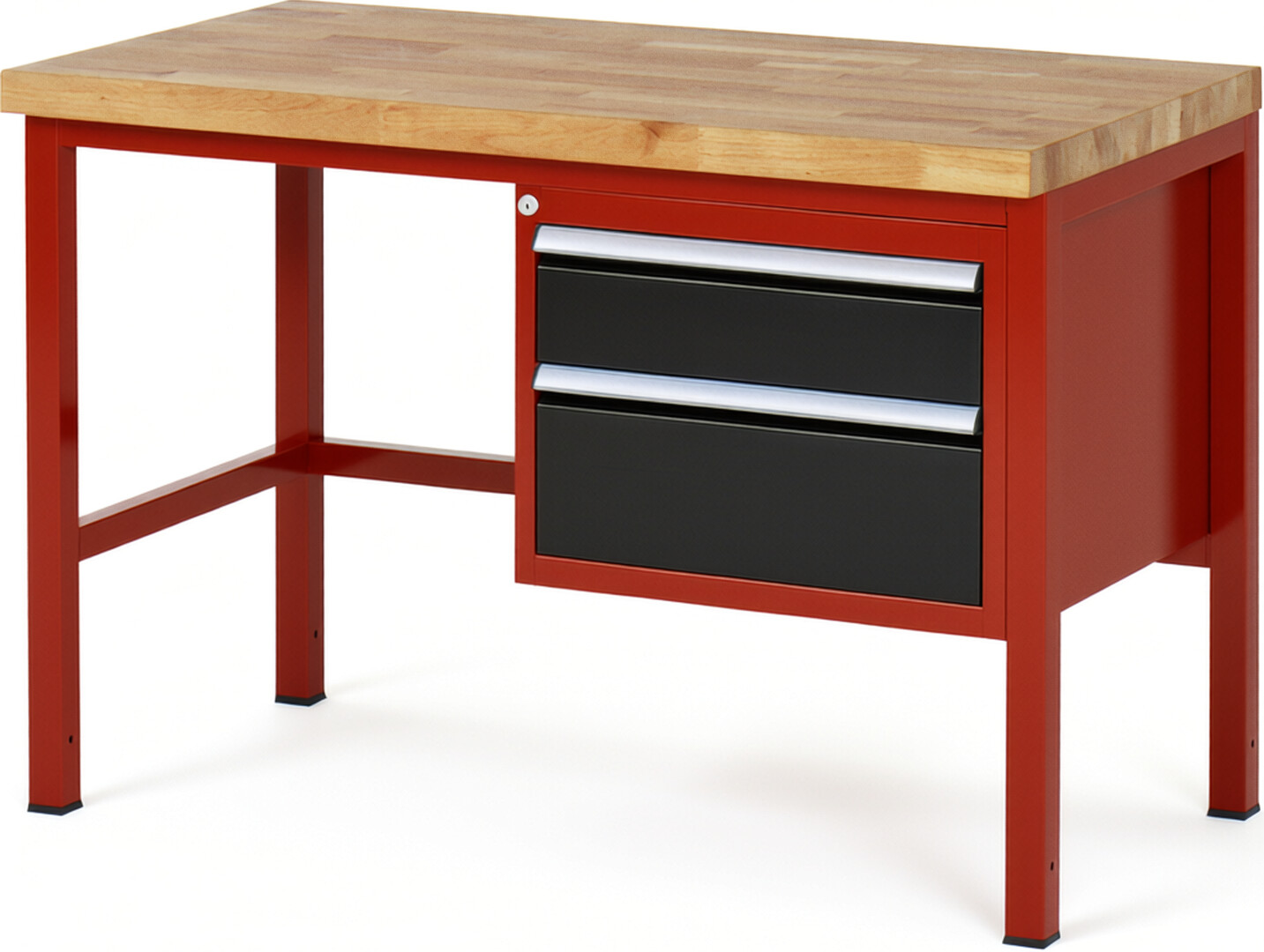Werkbank Modell 8123 rot - schwarz, BxTxH 1250x700x840-1040 mm,  Buche-Massiv Arbeitsplatte 40 mm,  2 Schubladen mit  Vollauszug 100 % und  SoftClosing