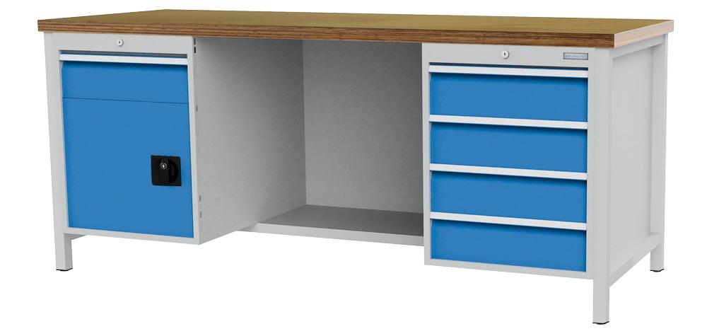 Werkbank, Platte Buche Multiplex 40 mm, BxTxH 2000x750x859 mm, 5 Schubladen 150 mm, 1 Tür 450 mm, RAL 7035/5012