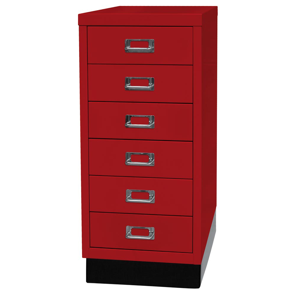 Schubladenschrank aus Stahl, BxTxH 279x380x670 mm, 6 Schubladen 87 mm, DIN A4, Sockel 80 mm hoch, kardinalrot