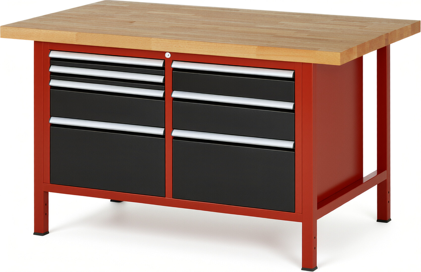 RAU Werkbank rot - schwarz - Breite 150 cm - Tiefe 90 cm - Höhe 84 cm - Buche-Massiv Arbeitsplatte 40 mm