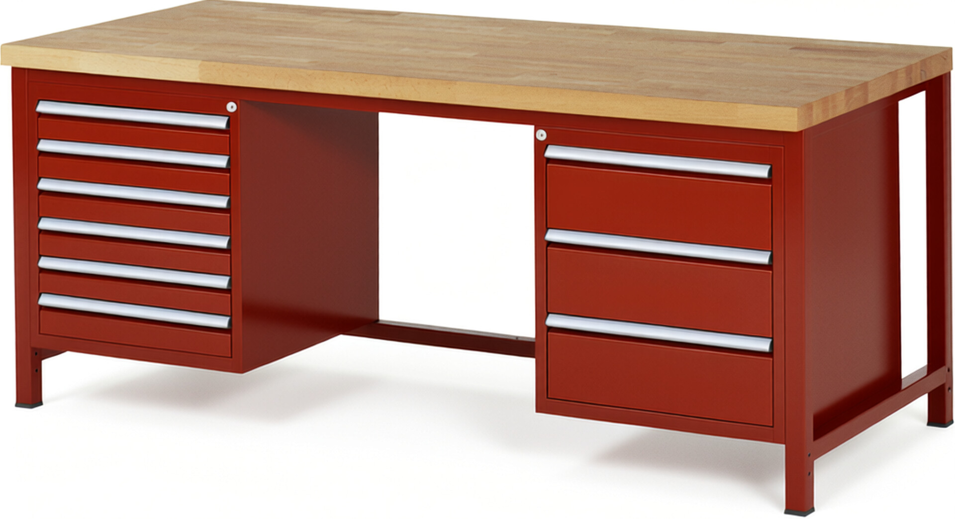Werkbank Modell 8183 rot, BxTxH 2000x900x840-1040 mm,  Buche-Massiv Arbeitsplatte 40 mm,  9 Schubladen mit  Auszug 90 %