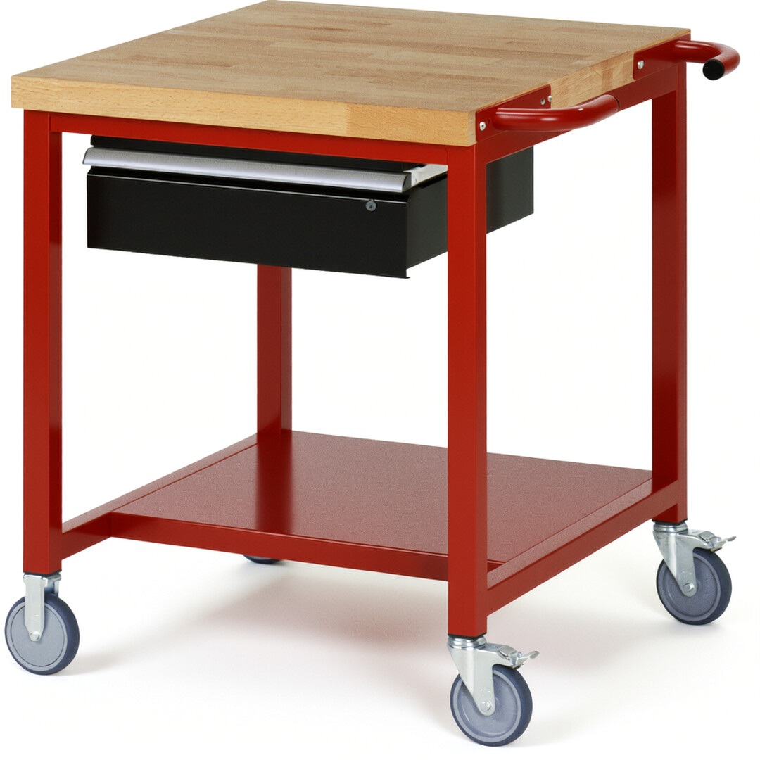 Fahrbare Werkbank Modell 8001 rot - schwarz, BxTxH 750x900x880-1080 mm,  Buche-Massiv Arbeitsplatte 40 mm,  1 Schublade mit  Auszug 90 %