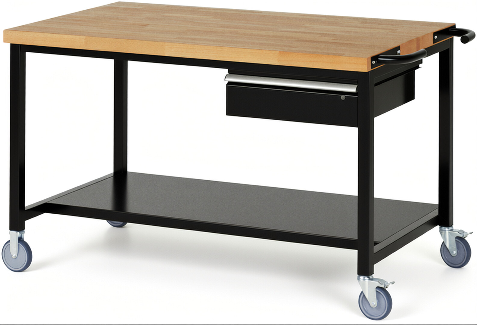 RAU Werkbank schwarz - Breite 150 cm - Tiefe 90 cm - Höhe 108 cm - Buche-Massiv Arbeitsplatte 40 mm