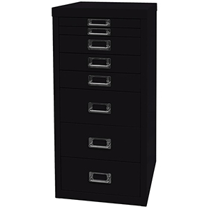Schubladenschrank aus Stahl, BxTxH 279x380x590 mm, 8 Schubladen 2x25, 3x51, 3x102 mm, DIN A4, schwarz