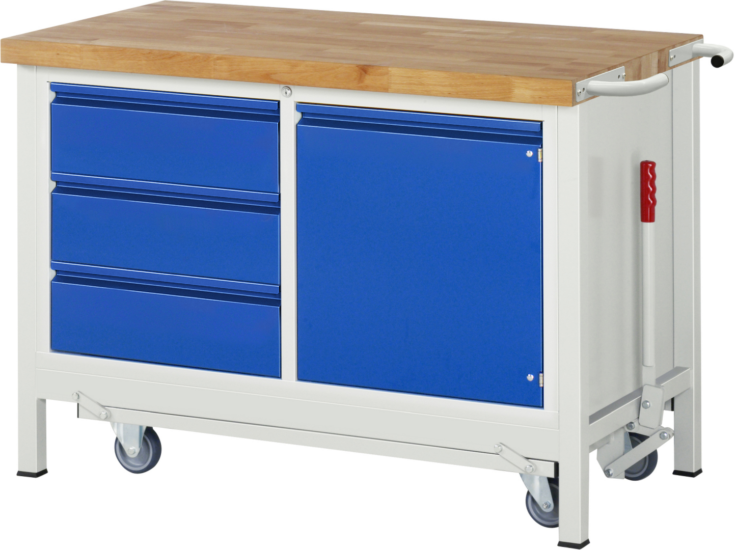 Absenkbare Werkbank - Modell 8468 BASIC schwarz-rot, BxTxH 1250x700x880 mm,  Buche-Massiv Arbeitsplatte 40 mm,  3 Schubladen mit  Auszug 90 %