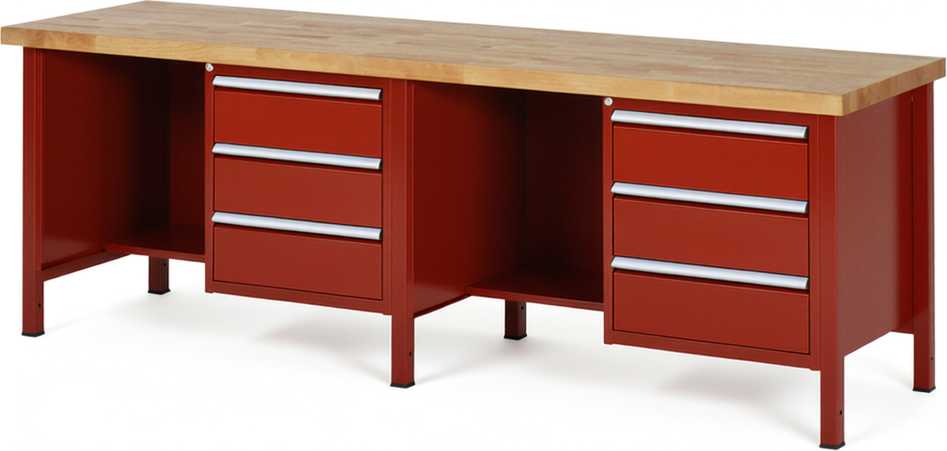 Werkbank Modell 8452 rot, BxTxH 2500x700x840-1040 mm,  Buche-Massiv Arbeitsplatte 40 mm,  6 Schubladen mit  Auszug 90 %