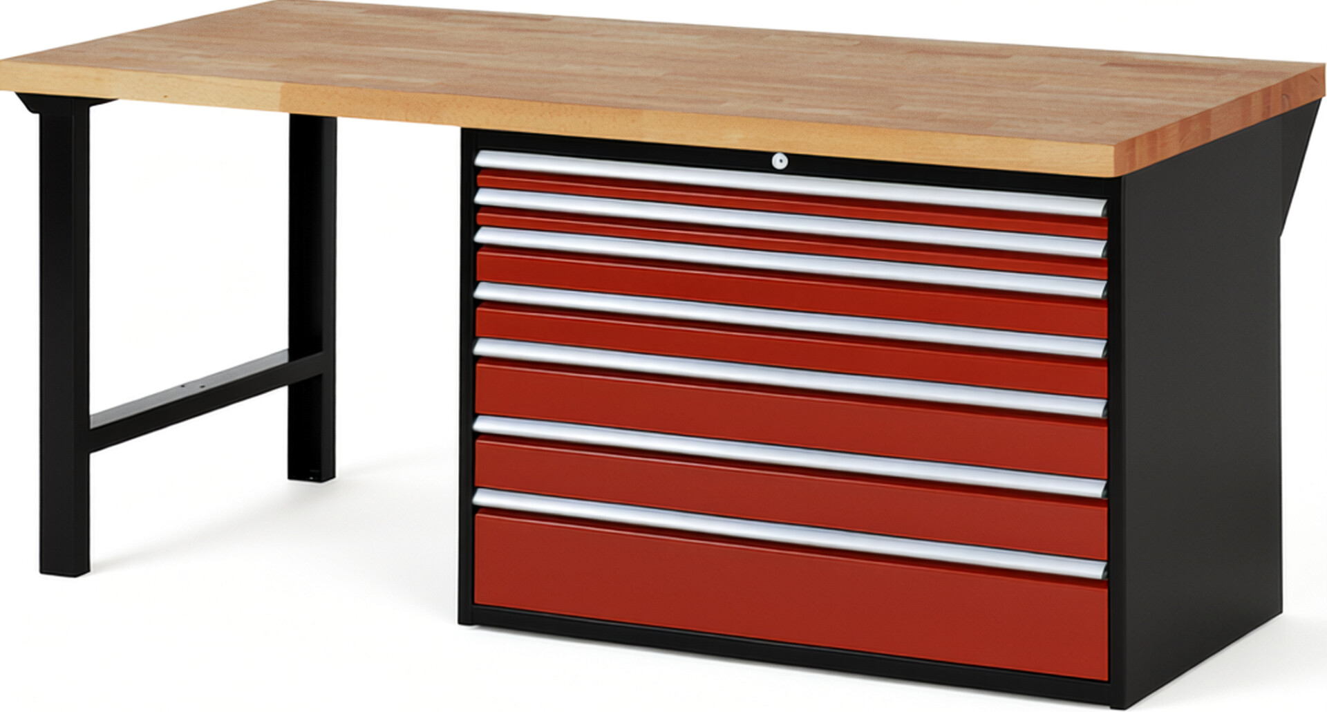 RAU Werkbank schwarz - rot - Breite 200 cm - Tiefe 90 cm - Höhe 89 cm - Buche-Massiv Arbeitsplatte 40 mm