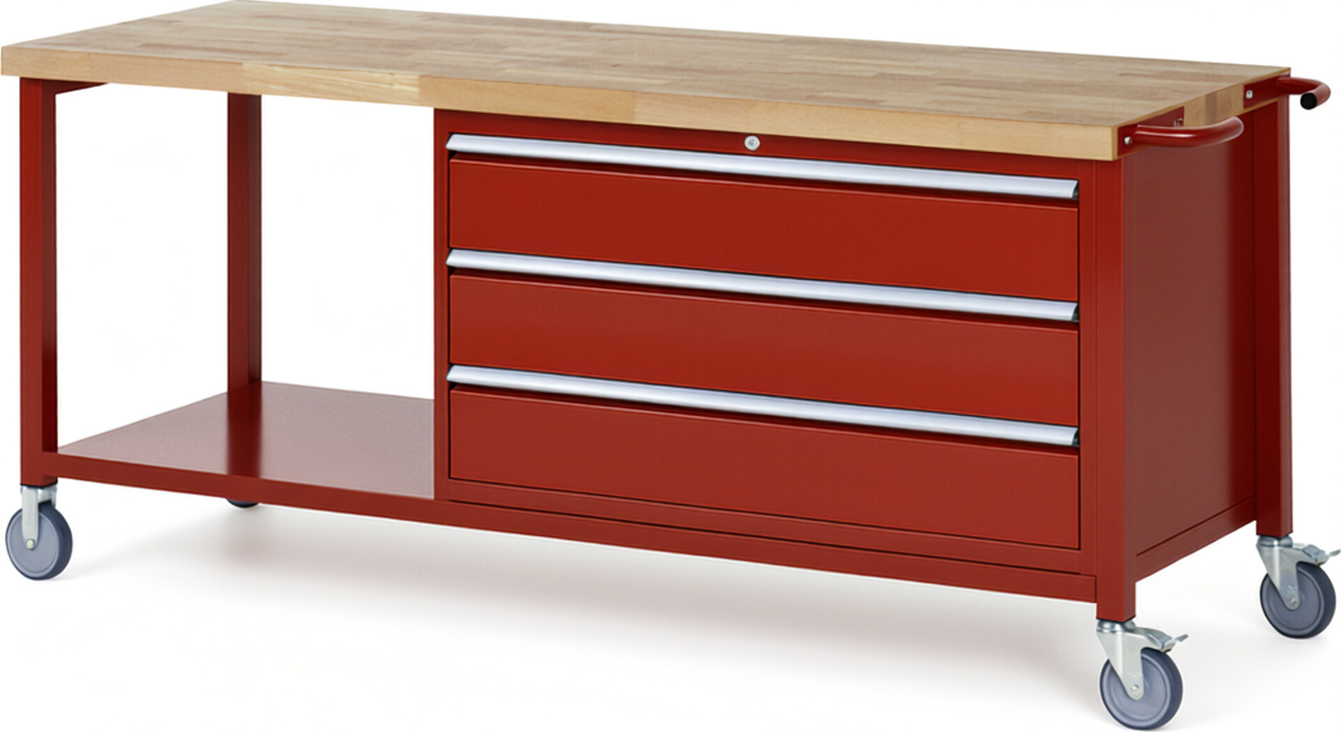 Fahrbare Werkbank Modell 8357 rot, BxTxH 2000x700x880-1080 mm,  Buche-Massiv Arbeitsplatte 40 mm,  3 Schubladen mit  Auszug 90 %