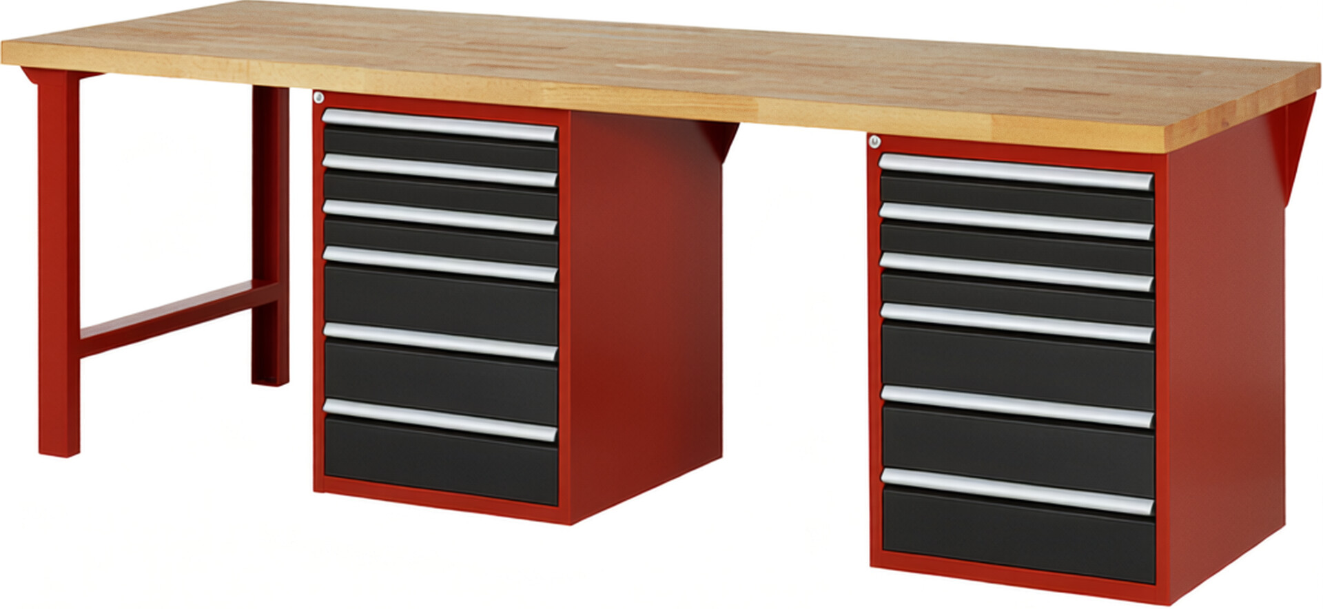 Werkbank Modell 7515 rot - schwarz, BxTxH 2500x900x890 mm,  Buche-Massiv Arbeitsplatte 40 mm,  12 Schubladen mit  Auszug 90 %