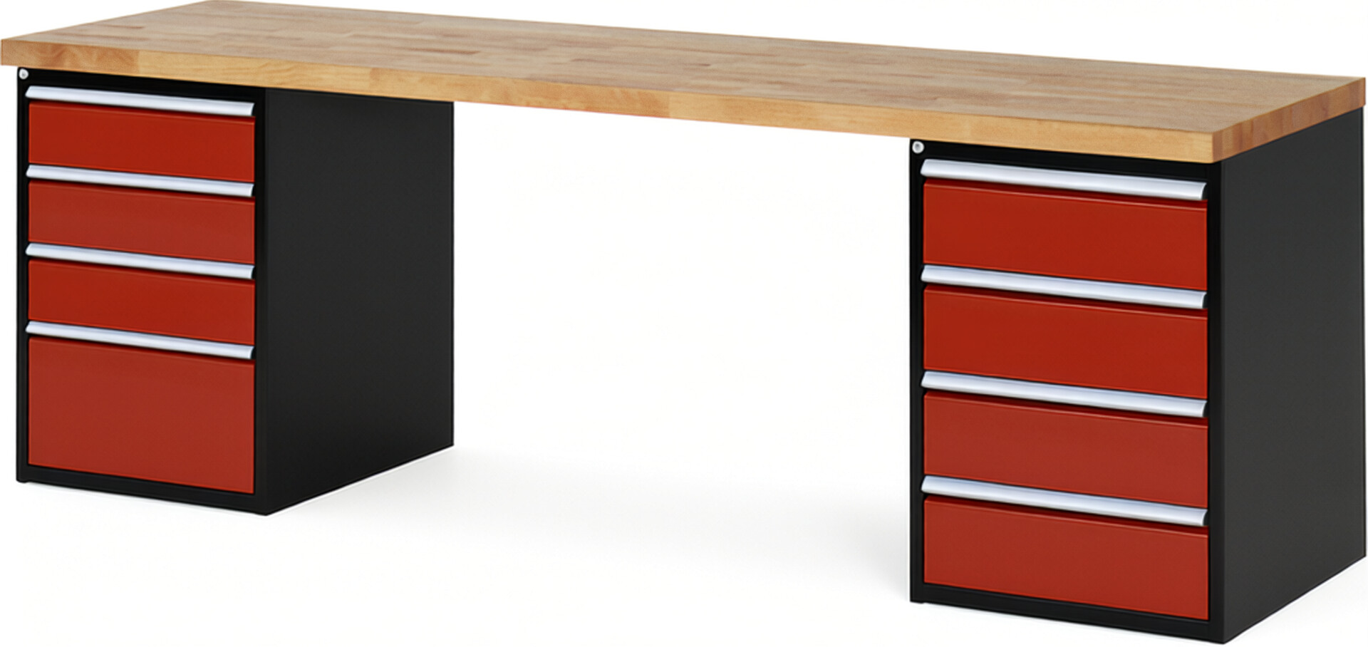 Werkbank Modell 7820 schwarz-rot, BxTxH 2500x700x890 mm,  Buche-Massiv Arbeitsplatte 40 mm,  8 Schubladen mit  Vollauszug 100 % und  SoftClosing