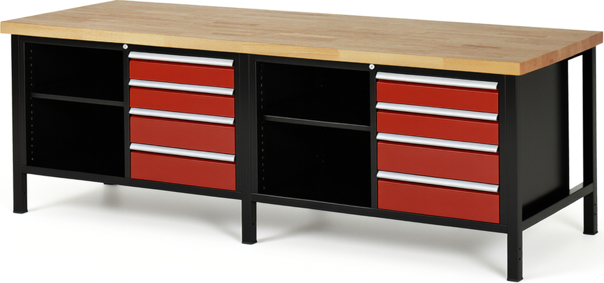 RAU Werkbank schwarz - rot - Breite 250 cm - Tiefe 90 cm - Höhe 104 cm - Buche-Massiv Arbeitsplatte 40 mm