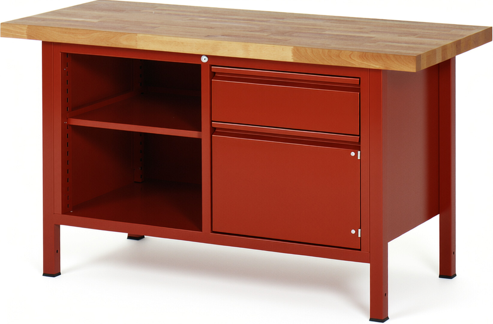 Werkbank - Modell 8461 BASIC rot, BxTxH 1500x700x840-1040 mm,  Buche-Massiv Arbeitsplatte 40 mm,  1 Schublade mit  Auszug 90 %