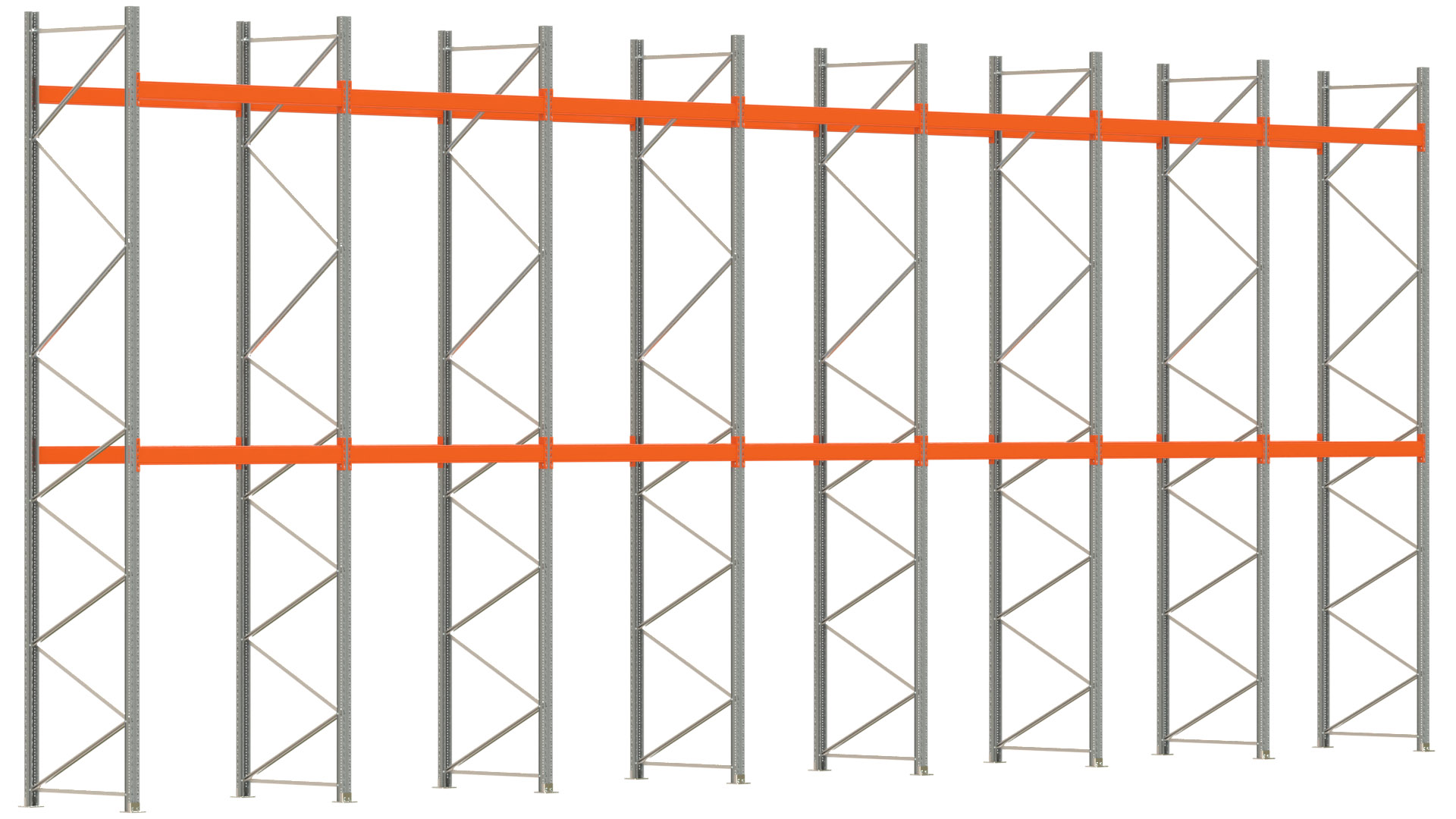 Palettenregal ARTUS - Breite 1398 cm - Höhe 550 cm - Tiefe 110 cm - 2 Träger-Ebenen - max. Fachlast 2000 kg - 42 Palettenstellplätze