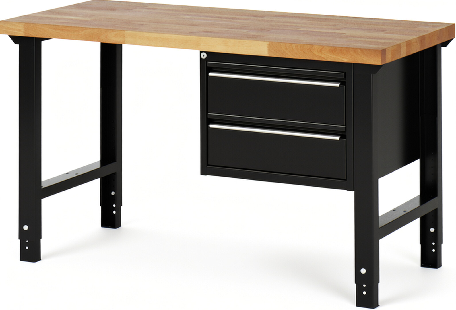 Werkbank schwarz, BxTxH 1500x700x790-1140 mm, Platte Buche 40 mm 40 mm, 2 Schubladen 180 mm, RAL 9011/9011