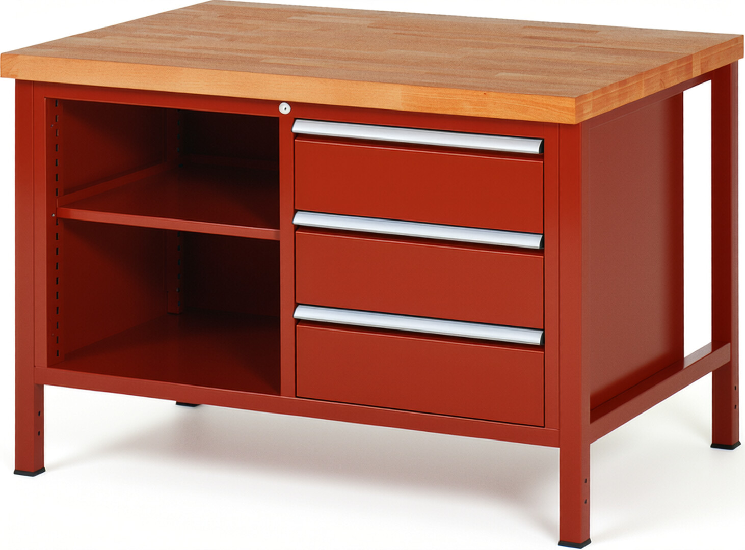 Werkbank Modell 8462 rot, BxTxH 1250x900x840 mm,  Buche-Massiv Arbeitsplatte 40 mm,  3 Schubladen mit  Vollauszug 100 % und  SoftClosing