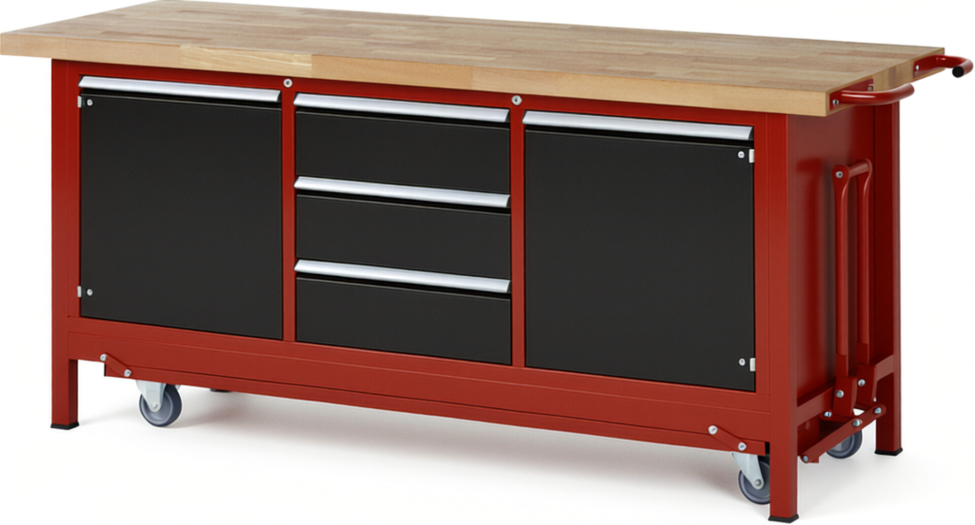 Absenkbare Werkbank Modell 8569 rot - schwarz, BxTxH 2000x700x880 mm,  Buche-Massiv Arbeitsplatte 40 mm,  3 Schubladen mit  Vollauszug 100 % und  SoftClosing