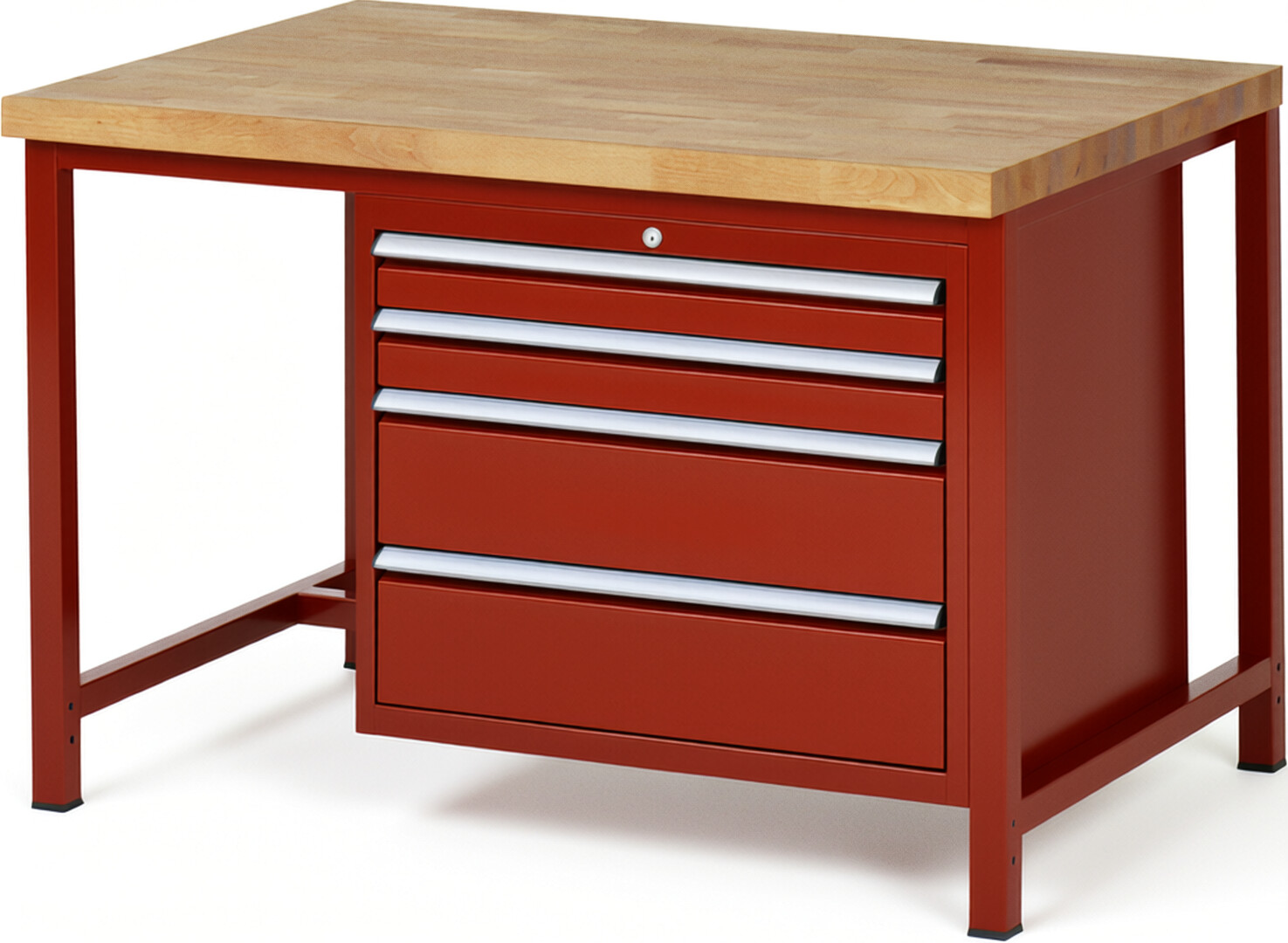 Werkbank Modell 8261 rot, BxTxH 1250x900x840-1040 mm,  Buche-Massiv Arbeitsplatte 40 mm,  4 Schubladen mit  Vollauszug 100 % und  SoftClosing