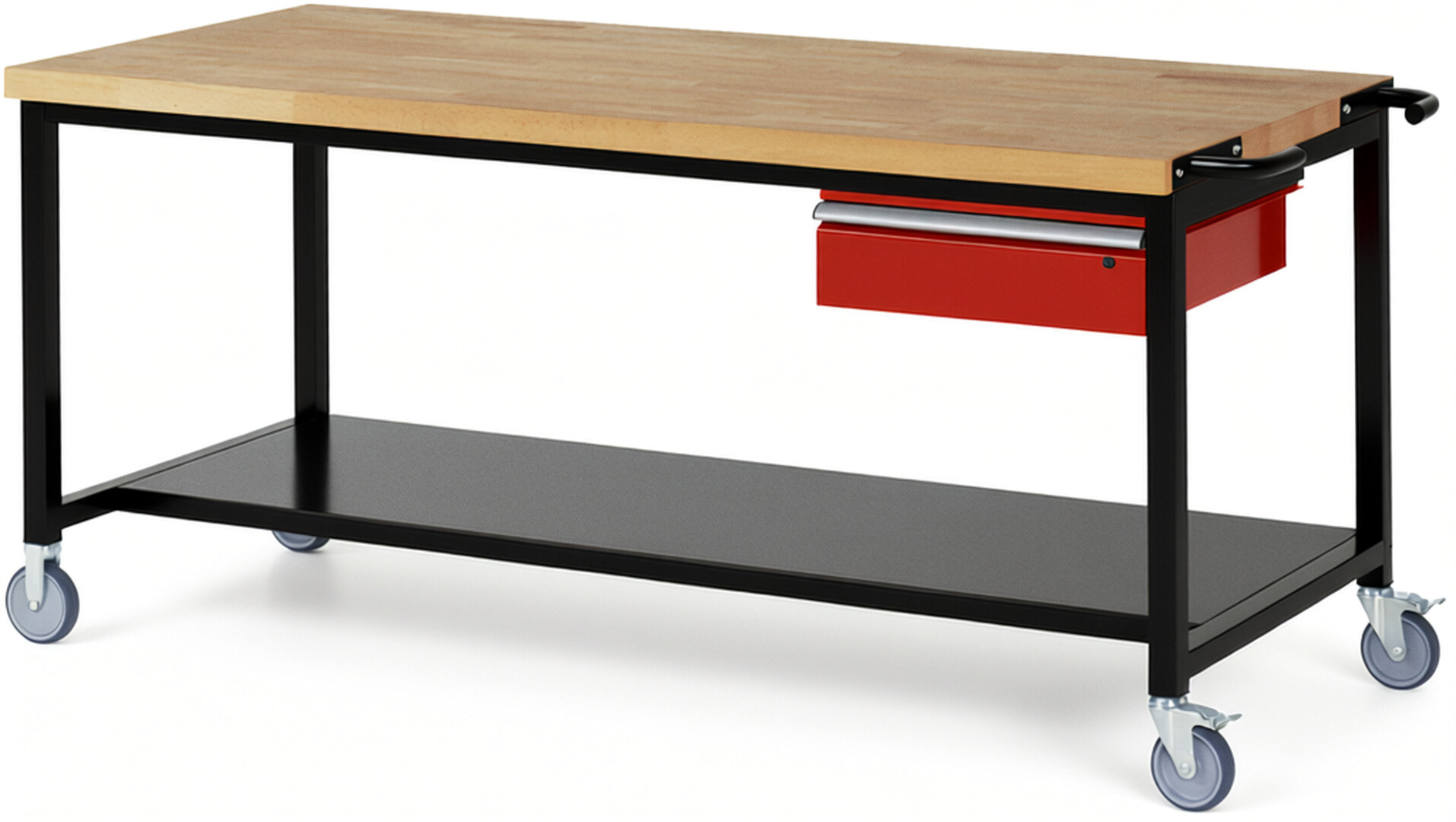 Fahrbare Werkbank Modell 8001 schwarz-rot, BxTxH 2000x900x880-1080 mm,  Buche-Massiv Arbeitsplatte 40 mm,  1 Schublade mit  Auszug 90 %