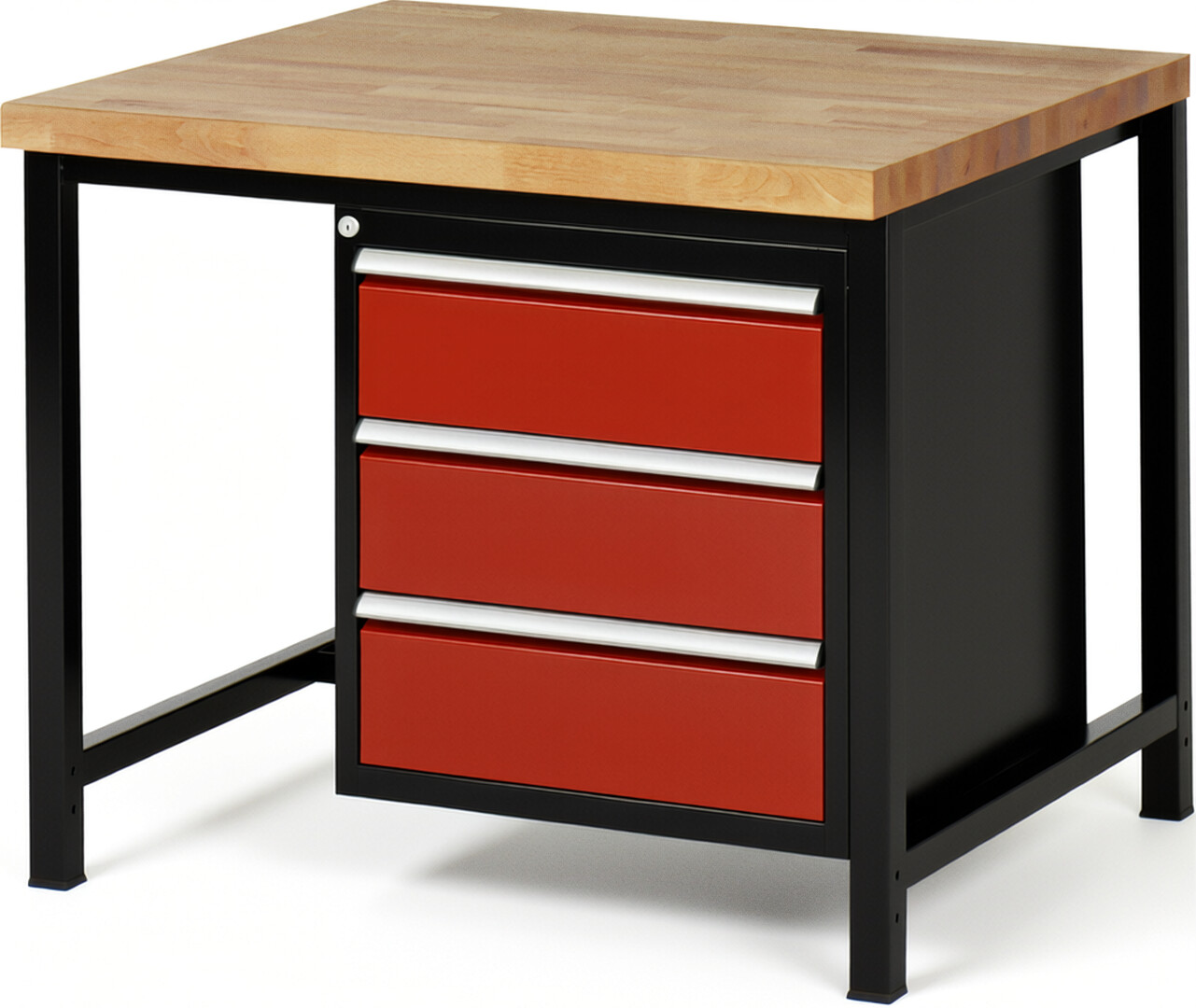 Werkbank Modell 8157 schwarz-rot, BxTxH 1000x900x840-1040 mm,  Buche-Massiv Arbeitsplatte 40 mm,  3 Schubladen mit  Vollauszug 100 % und  SoftClosing