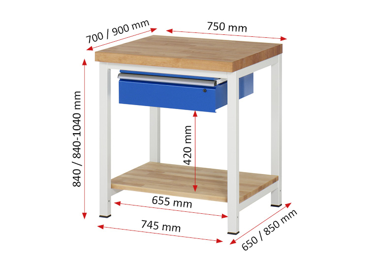 Werkbank Modell 8001 rot, BxTxH 750x700x840-1040 mm,  Buche-Massiv Arbeitsplatte 40 mm,  1 Schublade mit  Auszug 90 %