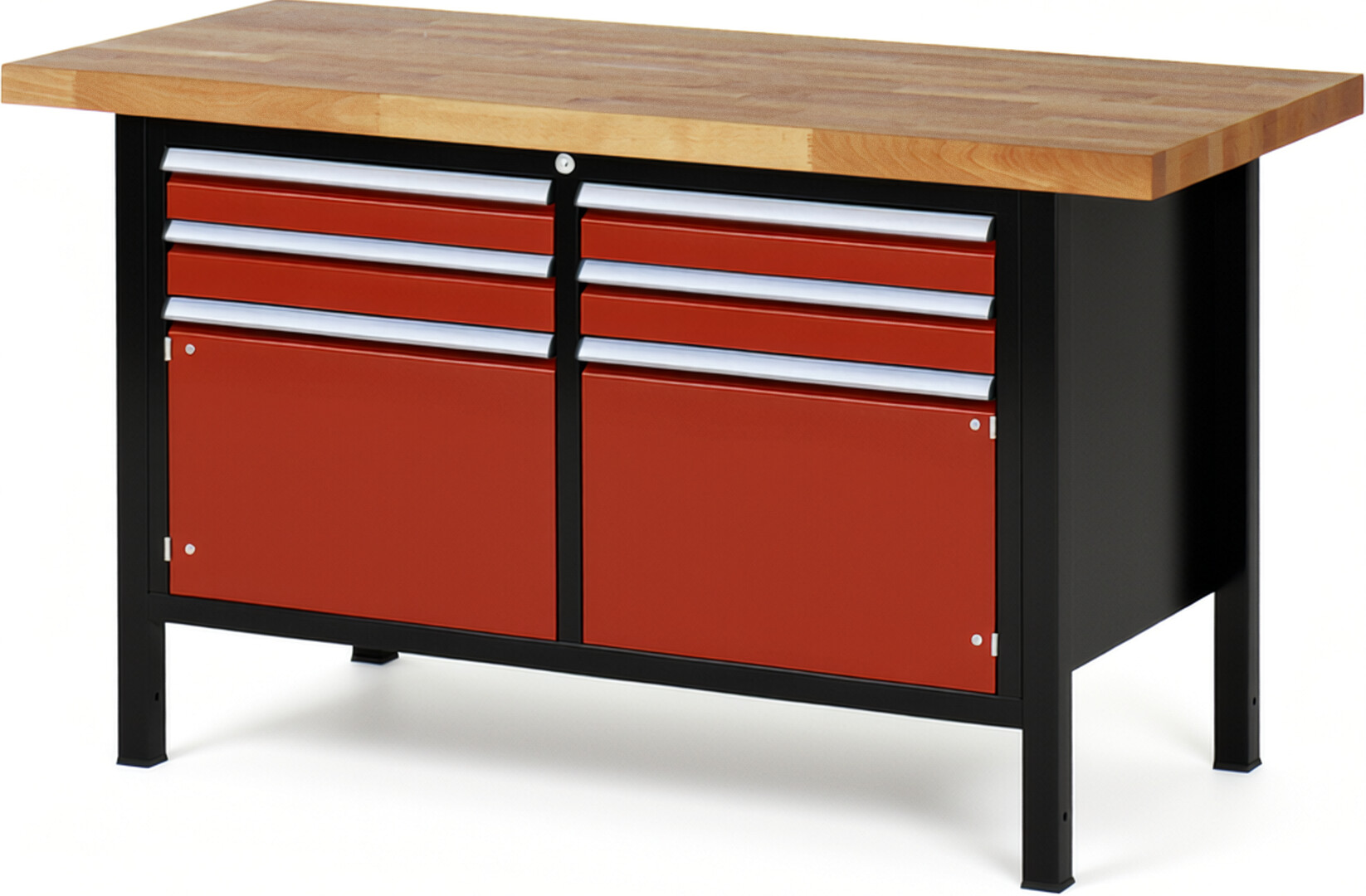 RAU Werkbank schwarz - rot - Breite 150 cm - Tiefe 70 cm - Höhe 104 cm - Buche-Massiv Arbeitsplatte 40 mm