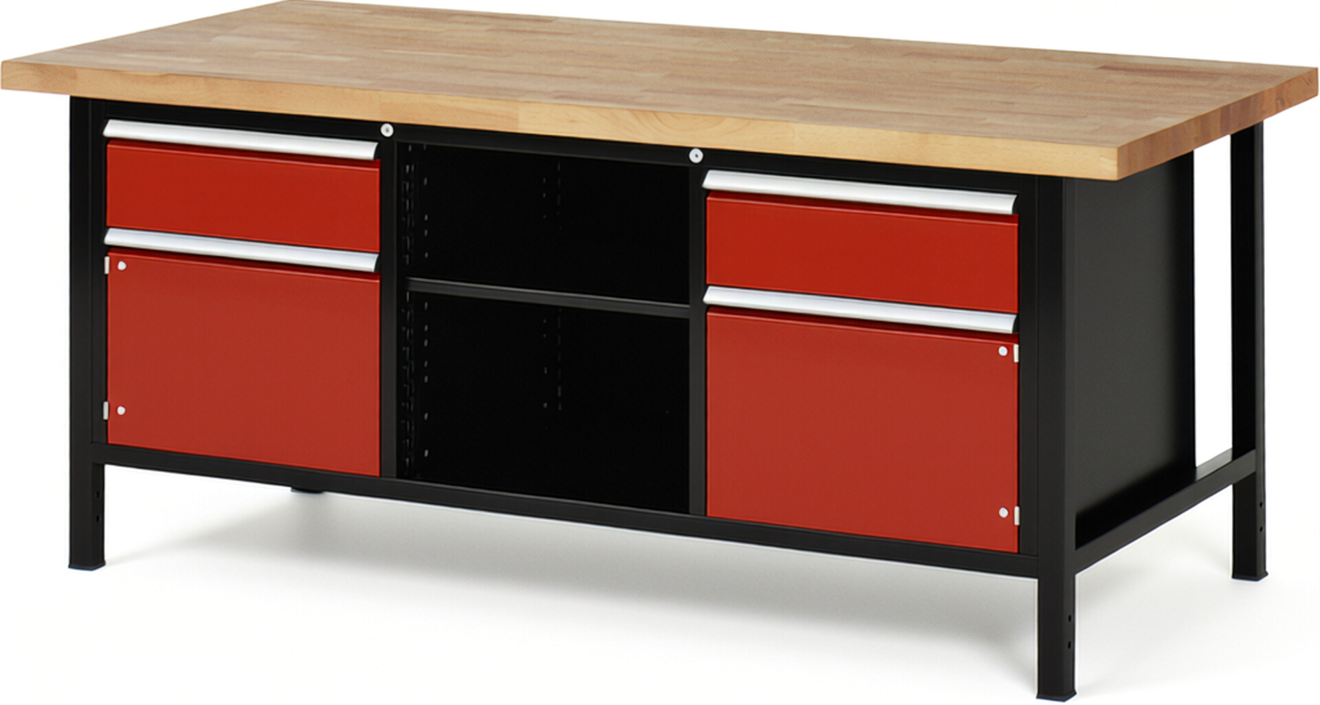 RAU Werkbank schwarz - rot - Breite 200 cm - Tiefe 90 cm - Höhe 104 cm - Buche-Massiv Arbeitsplatte 40 mm